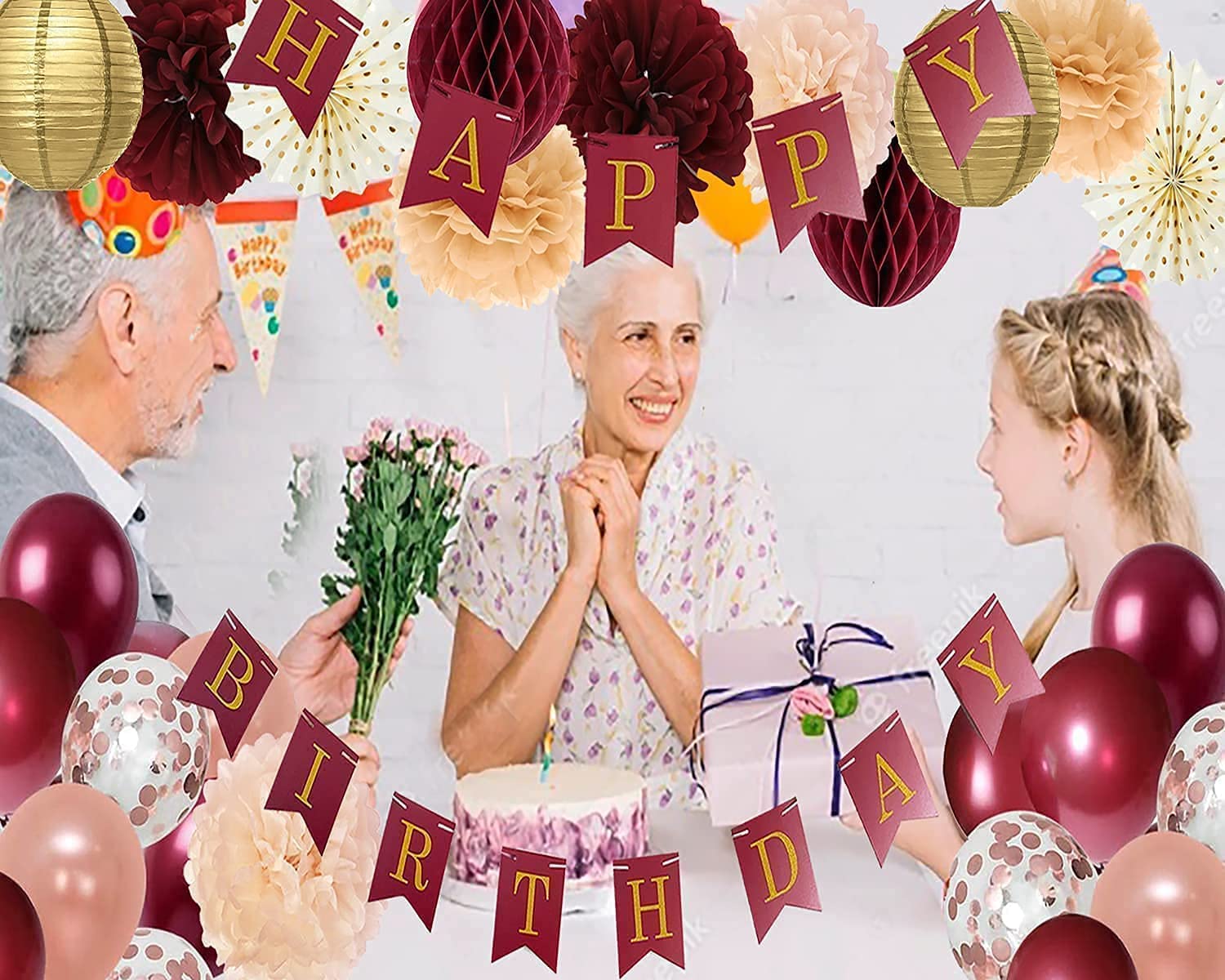 Elegant 60th Birthday Decorations for Women - Burgundy & Rose Gold Party Supplies, Happy Birthday Banner, Polka Dot Fans - Perfect for Milestone Celebrations & Themed Parties