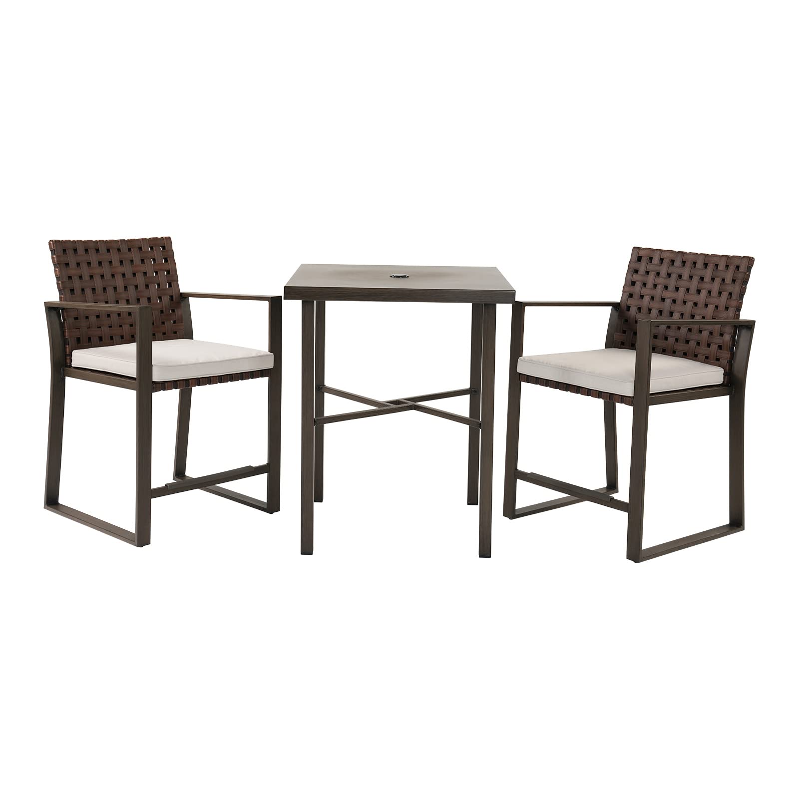 3-Piece Outdoor Bar Set with Wood Grain Texture & Leather-Look Wicker - Counter Height Patio Furniture with Umbrella Hole for Garden, Balcony, Deck - Brown - Perfect for Outdoor Entertaining & Relaxation