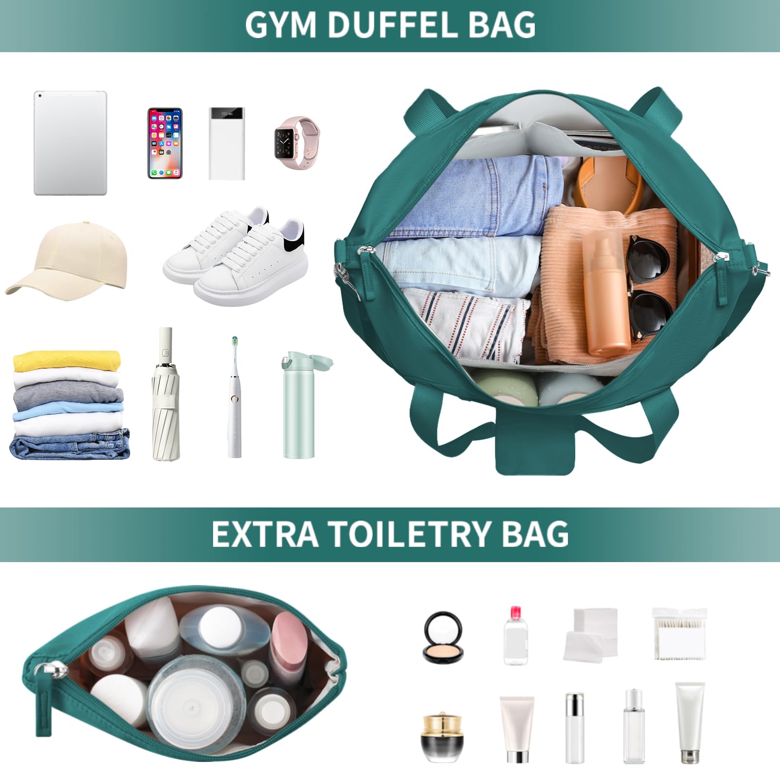 ETRONIK Women's Gym Bag with USB Charging Port - Waterproof Wet Pocket & Shoe Compartment - Durable Travel Duffel Bag for Workout, Yoga, Overnight Trips & Weekend Getaways (Malachite Green)