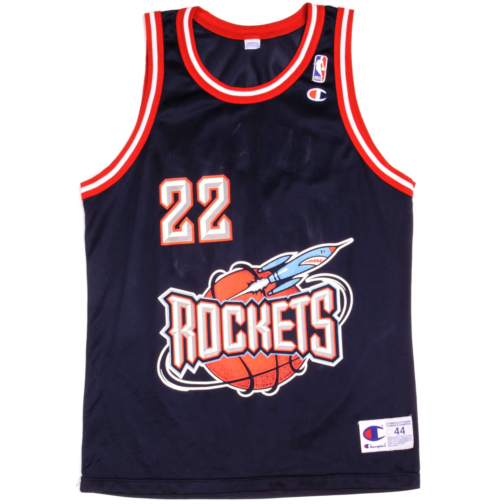 Vintage Champion NBA Houston Rockets Clyde Drexler #22 Jersey 1994-1998 Size 44 - Authentic Basketball Jersey for Fans, Collectors & Retro Sports Fashion