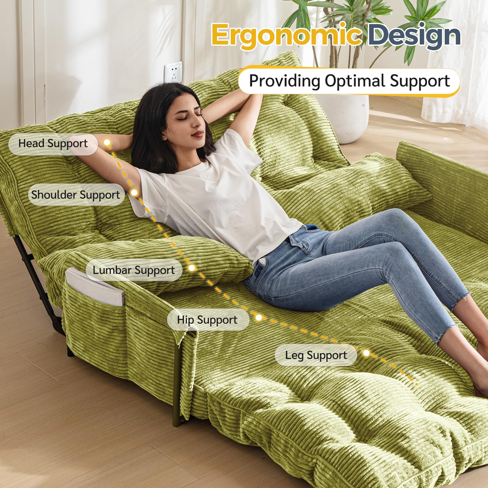 MAXYOYO Adjustable Floor Sofa Bed with 2 Pillows - Multi Functional Bean Bag Sleeper Bed with Armrest for Reading, Gaming & Relaxing - Perfect for Small Spaces, Dorm Rooms & Living Rooms (Green)