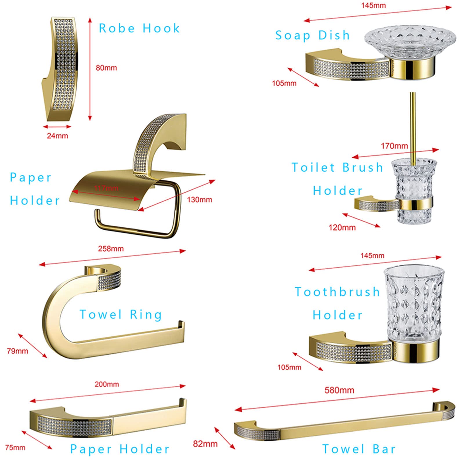 11-Piece Brass Bathroom Hardware Set - Wall Mounted Towel Racks, Towel Bar, Towel Ring, Toilet Paper Holder & Robe Hooks - Elegant Bathroom Accessories for Home & Hotel Decor