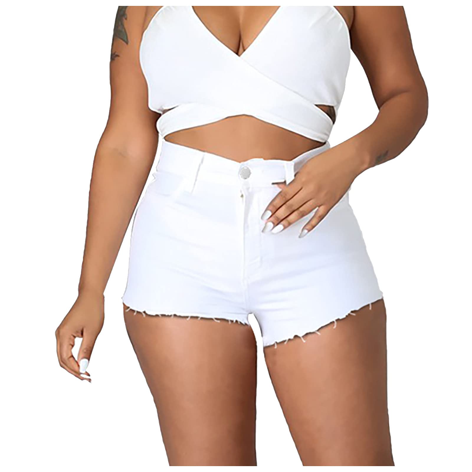 Women's Distressed Denim Bermuda Shorts with Drawstring Elastic Waist & Pockets - Ripped Frayed Jean Shorts for Plus Size & Maternity - Perfect for Casual Wear, Summer Outfits & Workout Sets