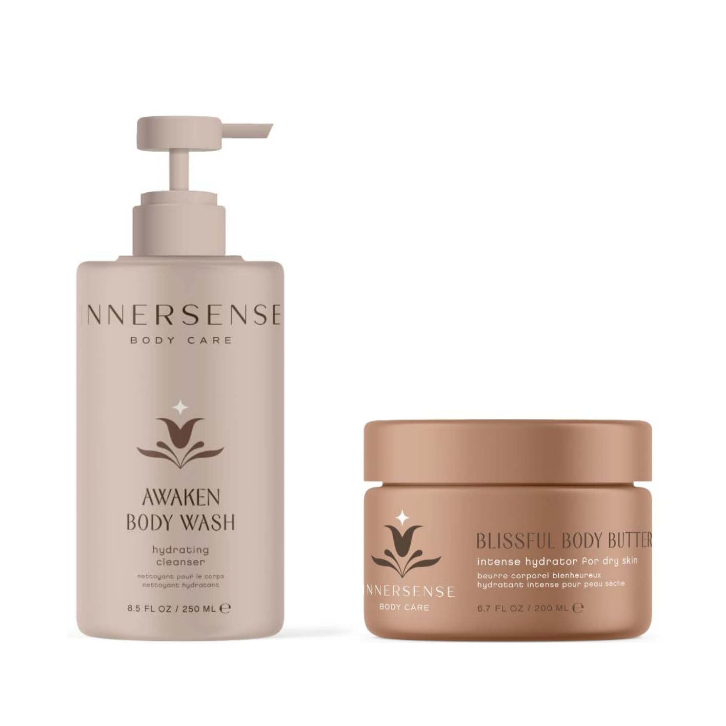 INNERSENSE Organic Beauty Blissful Body Butter & Awaken Body Wash Bundle - Hydrating Moisturizer & Refreshing Cleanser | Vegan, Cruelty-Free, Non-Toxic Skincare Set | Perfect for Dry Skin Care & Spa Day Relaxation