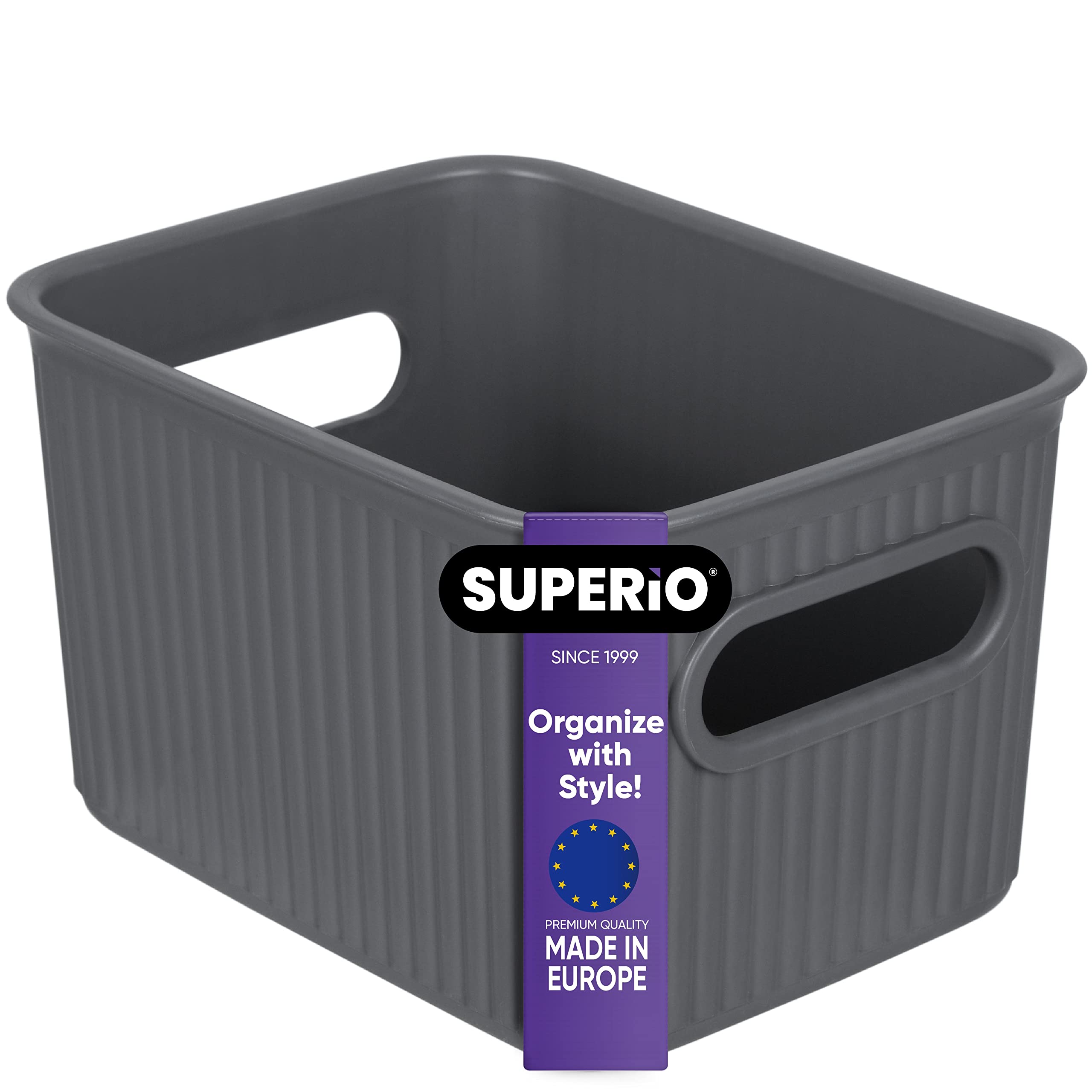 Superio Ribbed Plastic Storage Bins - 1.5L Grey Home Organizer Baskets (1-Pack) for Closet, Shelf & Drawer Organization | Decorative Open Storage Containers for Bedroom, Bathroom & Office Use