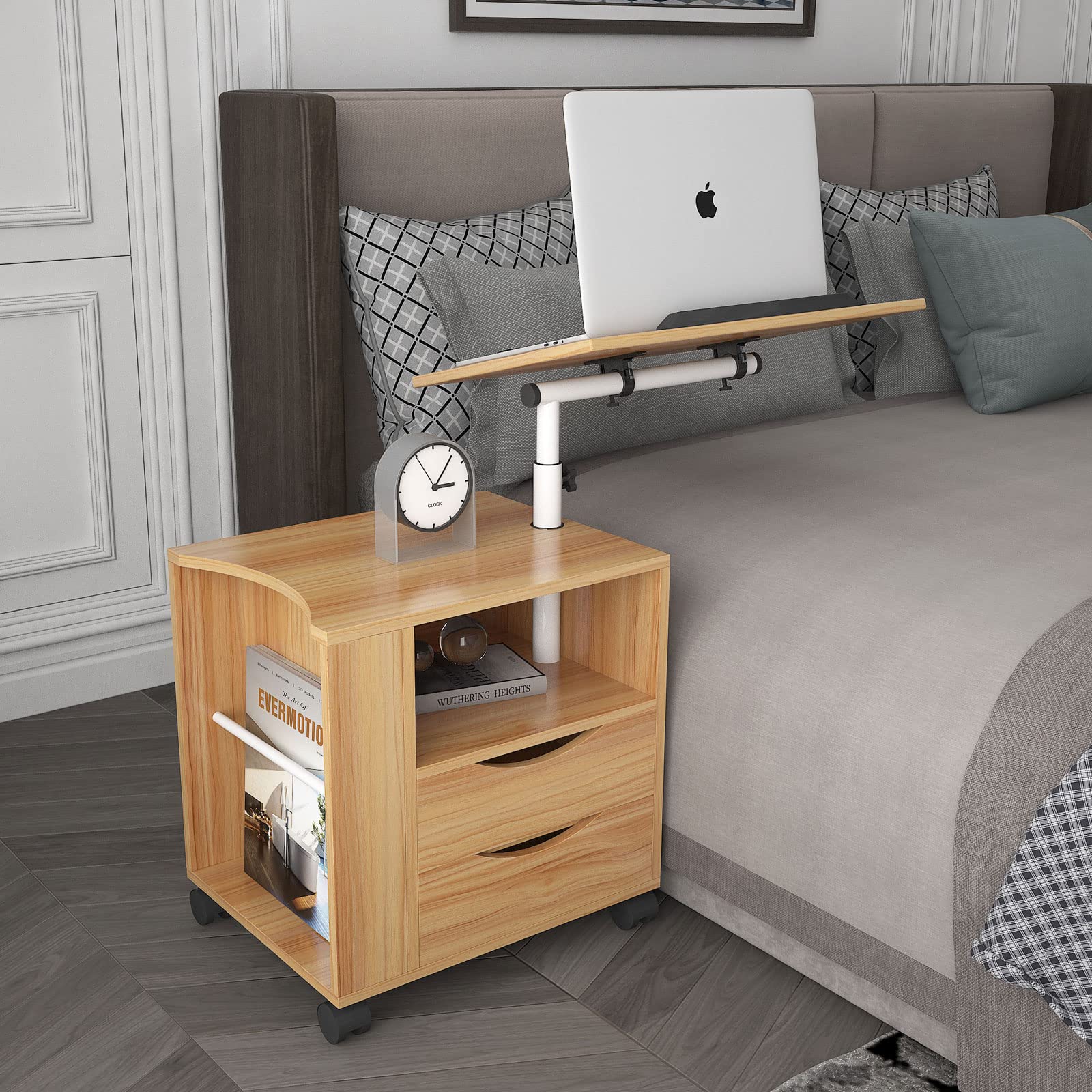 Swivel Top Nightstand End Table with 2 Drawers & 4 Wheels - Portable Rolling Bedside Table, Couch Laptop Desk for Bedroom & Living Room (Natural Wood Finish) - Perfect for Small Spaces, Home Office & Dorm Rooms