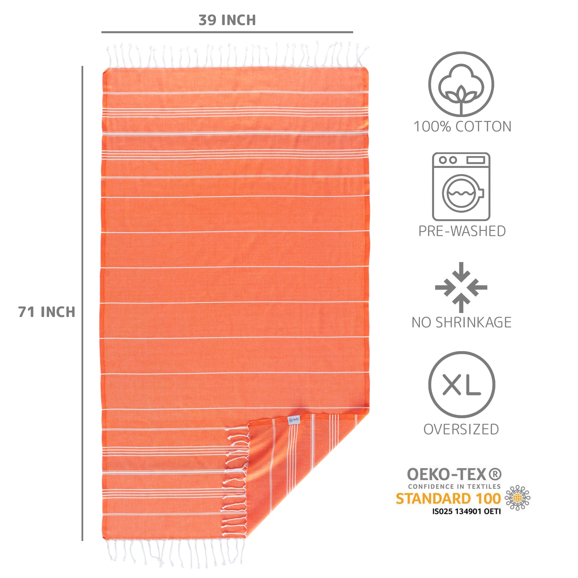 Premium Turkish Beach Towel - 100% Cotton, Ultra Soft & Absorbent, Quick Dry & Sand Free - Oversized 39x71 Inch Bath Towel for Beach, Pool, Travel & Spa - Perfect for Sunbathing, Swimming & Vacation (Orange)