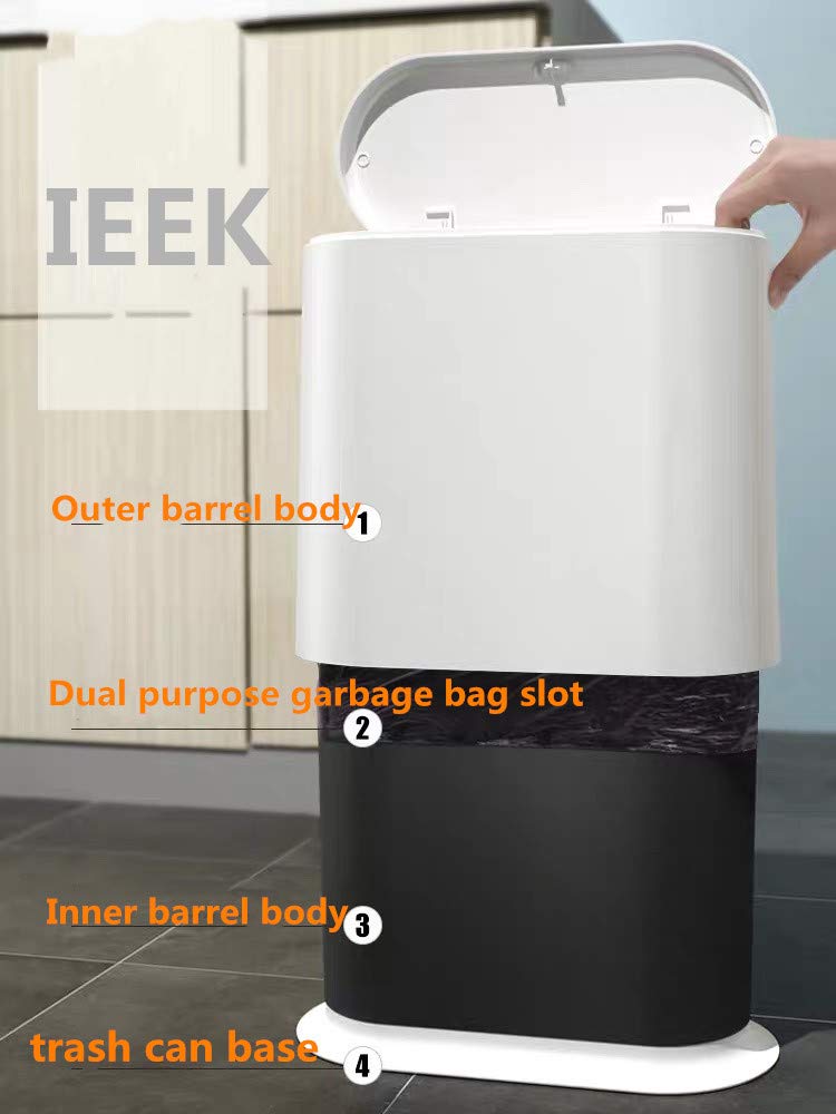 IEEK 2.4 Gallon Slim Press-Top Trash Can - Modern 10L Waste Basket for Bathroom, Kitchen, Office & Small Spaces (Grey) | Space-Saving Design for Tight Corners & Narrow Areas