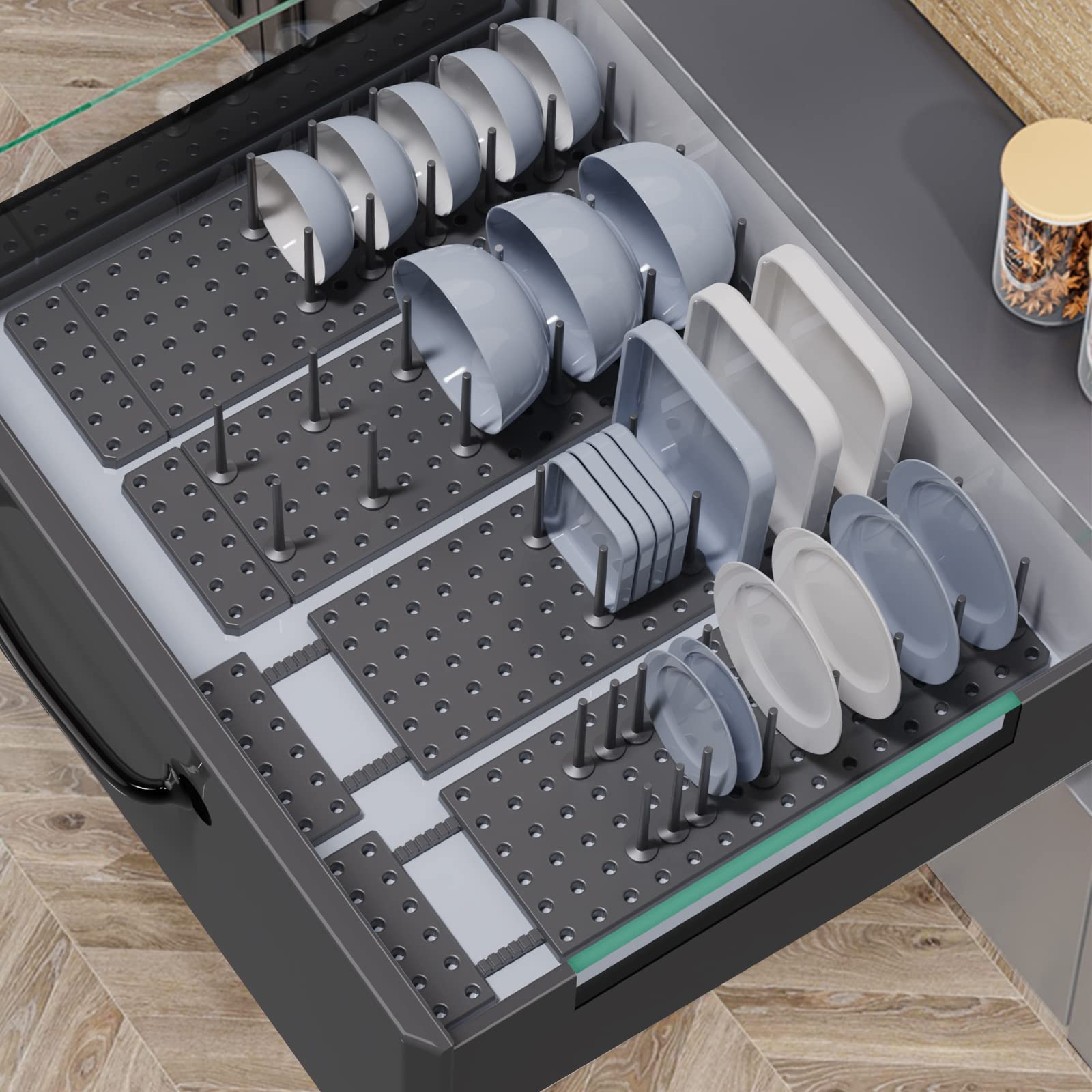 2-Pack Grey Kitchen Cabinet Organizer - Adjustable Pegboard Tray for Dish Rack & Plate Storage | Space-Saving Drawer Organizer for Utensils, Spices & Kitchenware | Perfect for Small Kitchens & Apartment Living