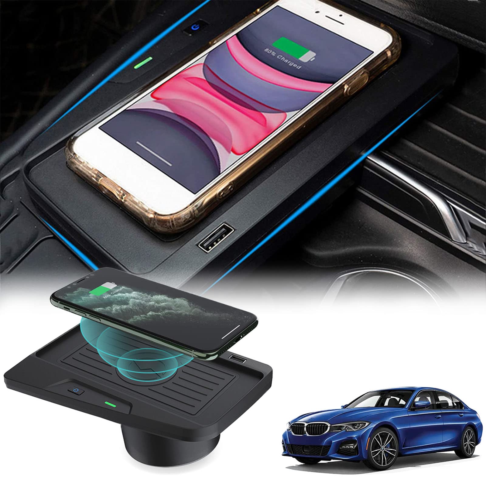 BMW 3 Series M3 4 Series M4 Wireless Car Charger (2016-2020 Models) - 10W Fast Qi Charging Pad for iPhone Samsung & All Qi-Compatible Phones - Perfect Center Console Accessory for Hands-Free Charging While Driving