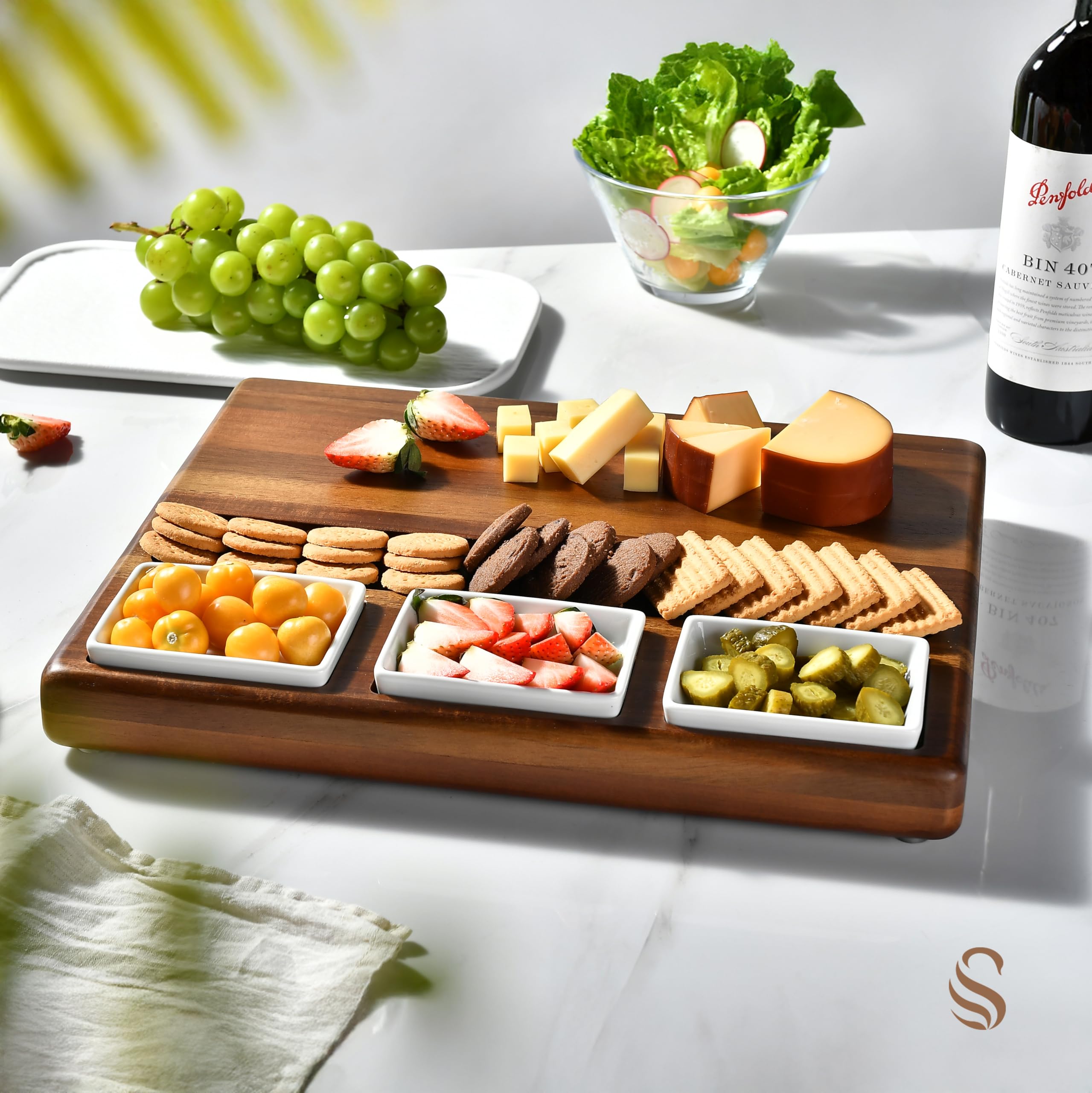 Premium Acacia Wood Charcuterie Board Set with 3 Removable Ceramic Bowls & Serving Utensils - Elegant Cheese & Charcuterie Serving Platter for Parties, Entertaining, Weddings & Holiday Gatherings - Perfect Gift for Hosts & Food Lovers