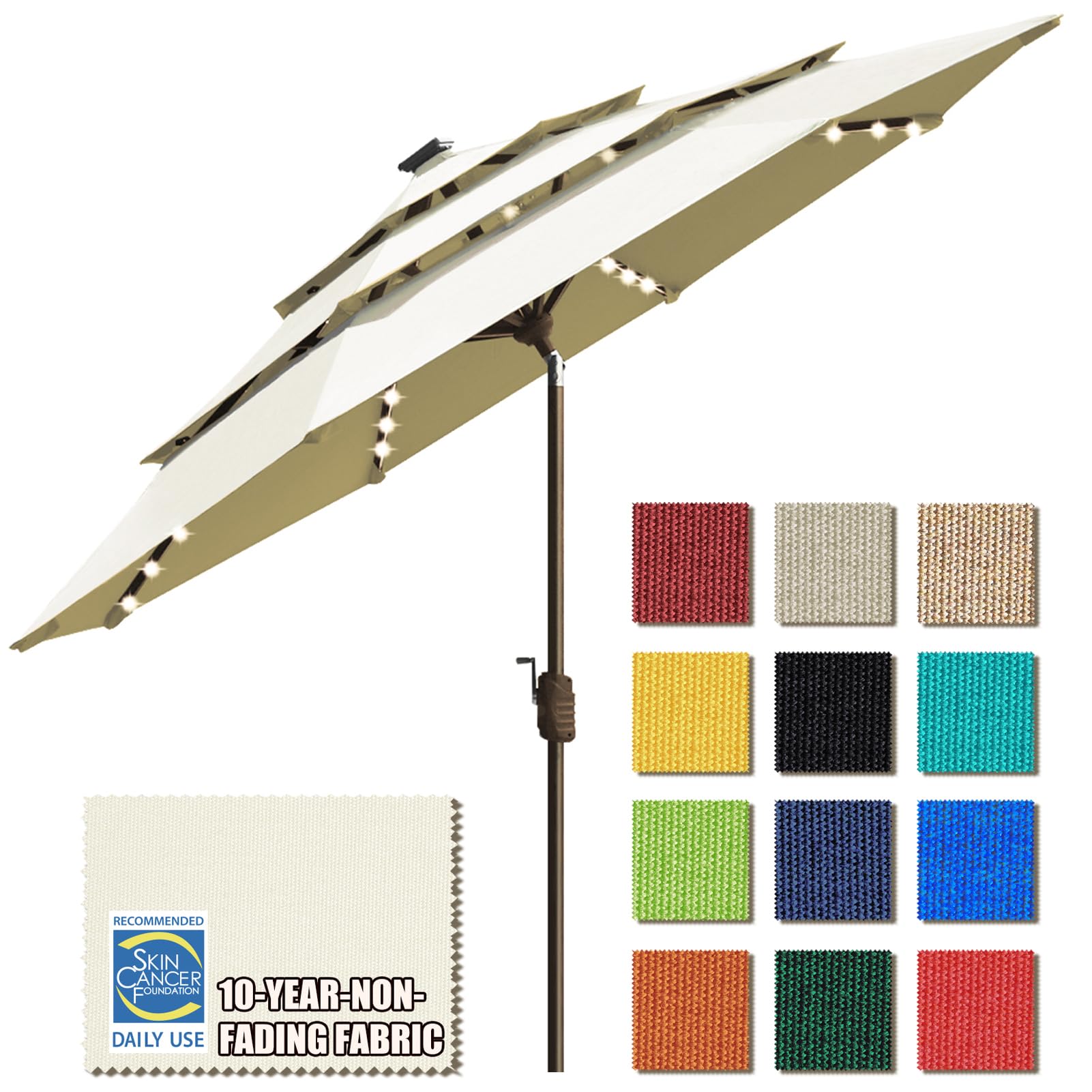 EliteShade USA 10-Year Fade-Resistant 9ft 3-Tier Solar Patio Umbrella with 80 LED Lights - Outdoor Market Umbrella with Ventilation & Natural Fabric - Perfect for Backyard, Poolside, and Restaurant Dining Areas