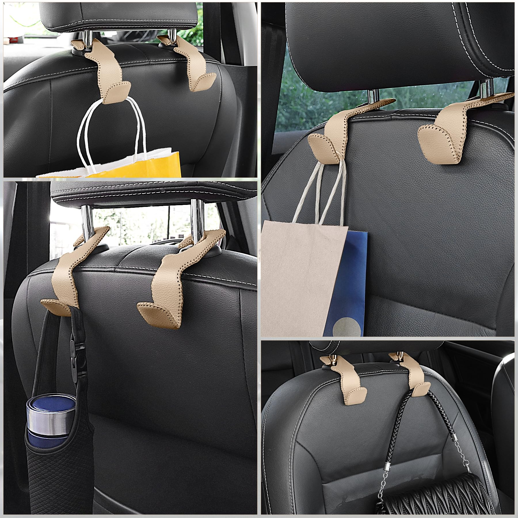 Premium Leather Car Seat Back Hook Hanger - 2 Pack, Beige - Organize Purse, Coats, Umbrellas & Grocery Bags - Perfect for Road Trips, Commuting & Shopping - Auto Interior Accessories