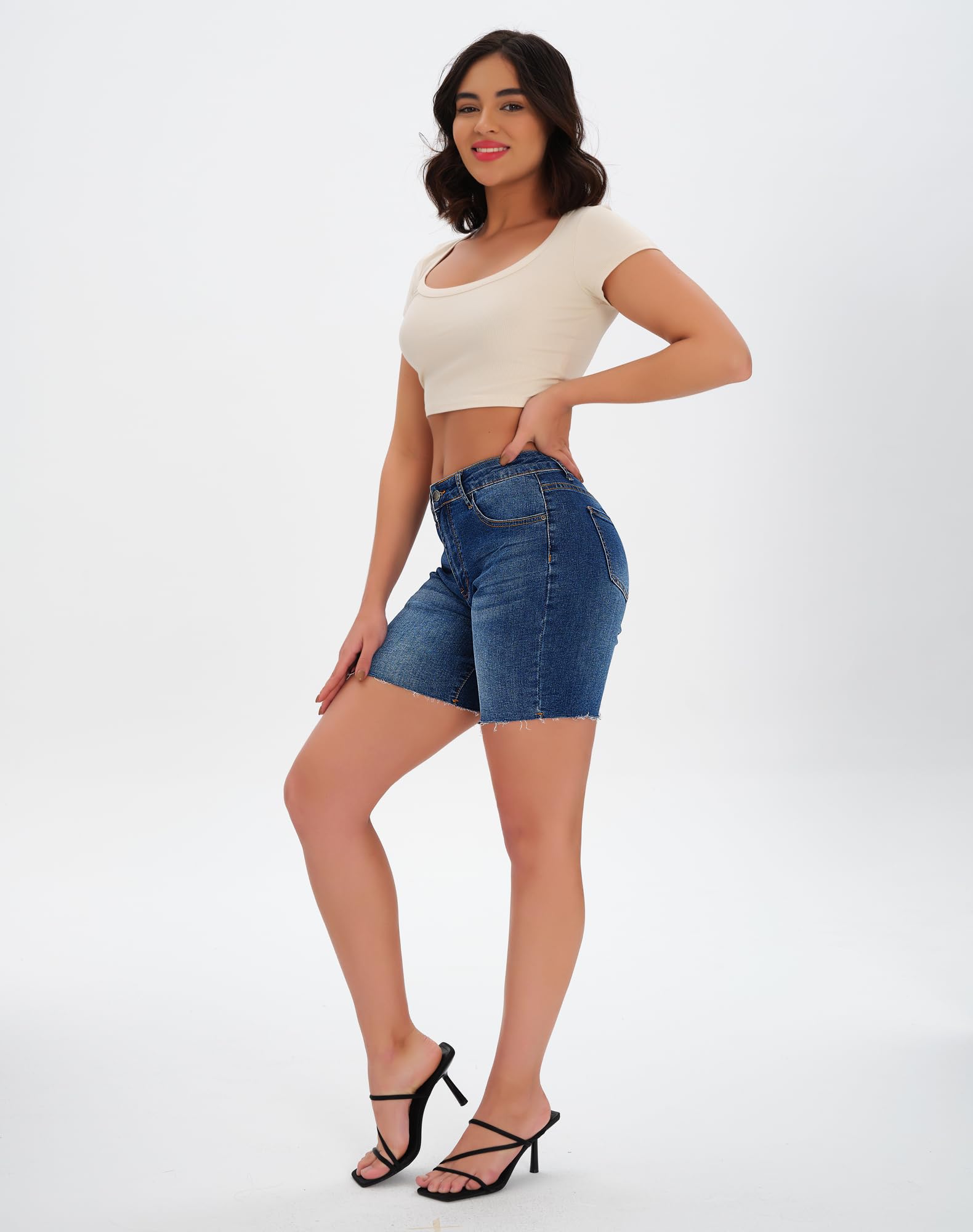 Roswear Women's High Waisted Stretchy Denim Shorts - Mid Thigh Cut Off Jean Shorts for Summer, Casual Wear & Beach Outfits