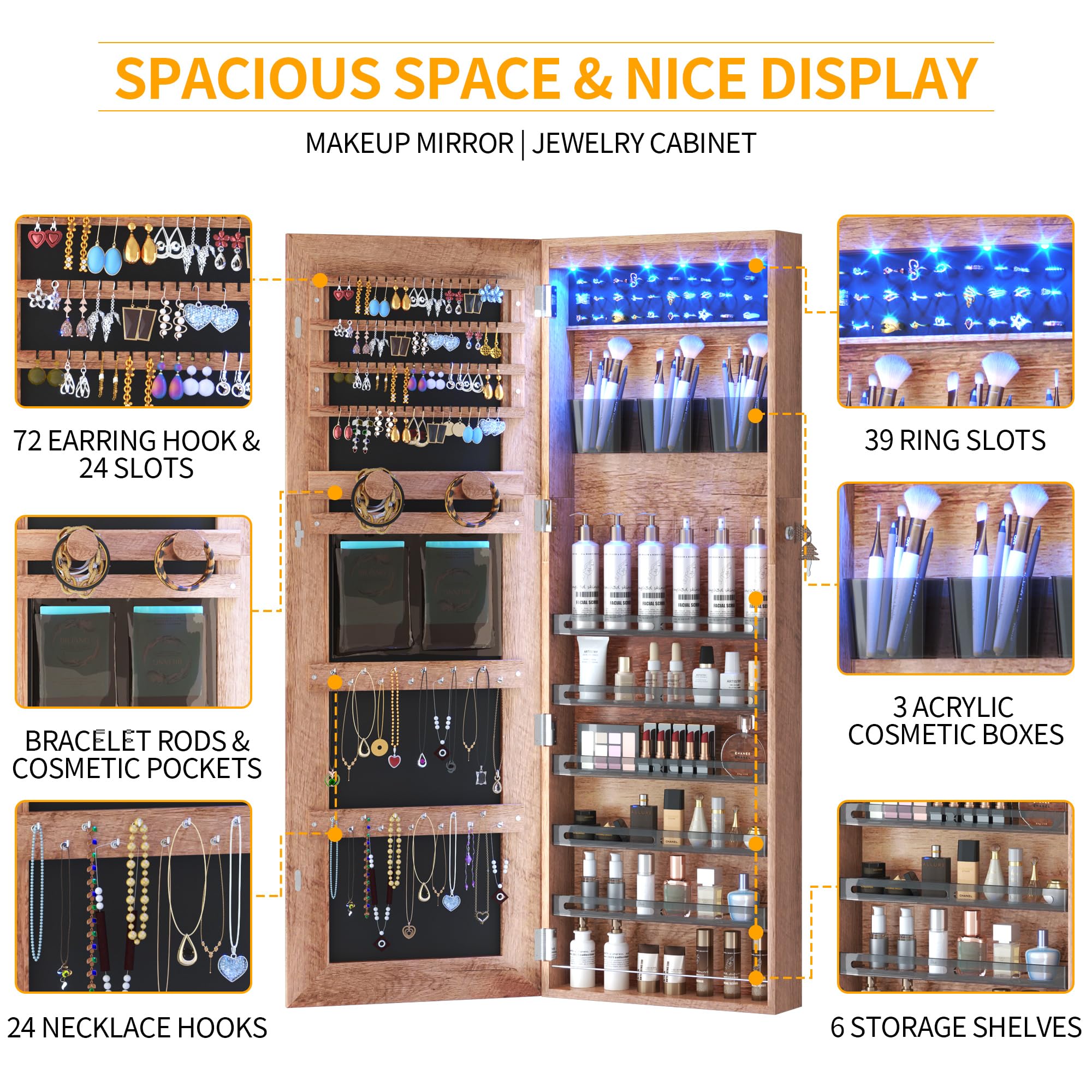 LVSOMT LED Jewelry Cabinet Armoire with Full Length Mirror - Wall/Door Mounted Lockable Storage Organizer with Lights, Over the Door Hanging Dressing Mirror (Wood) - Perfect for Bedroom, Closet & Vanity Organization