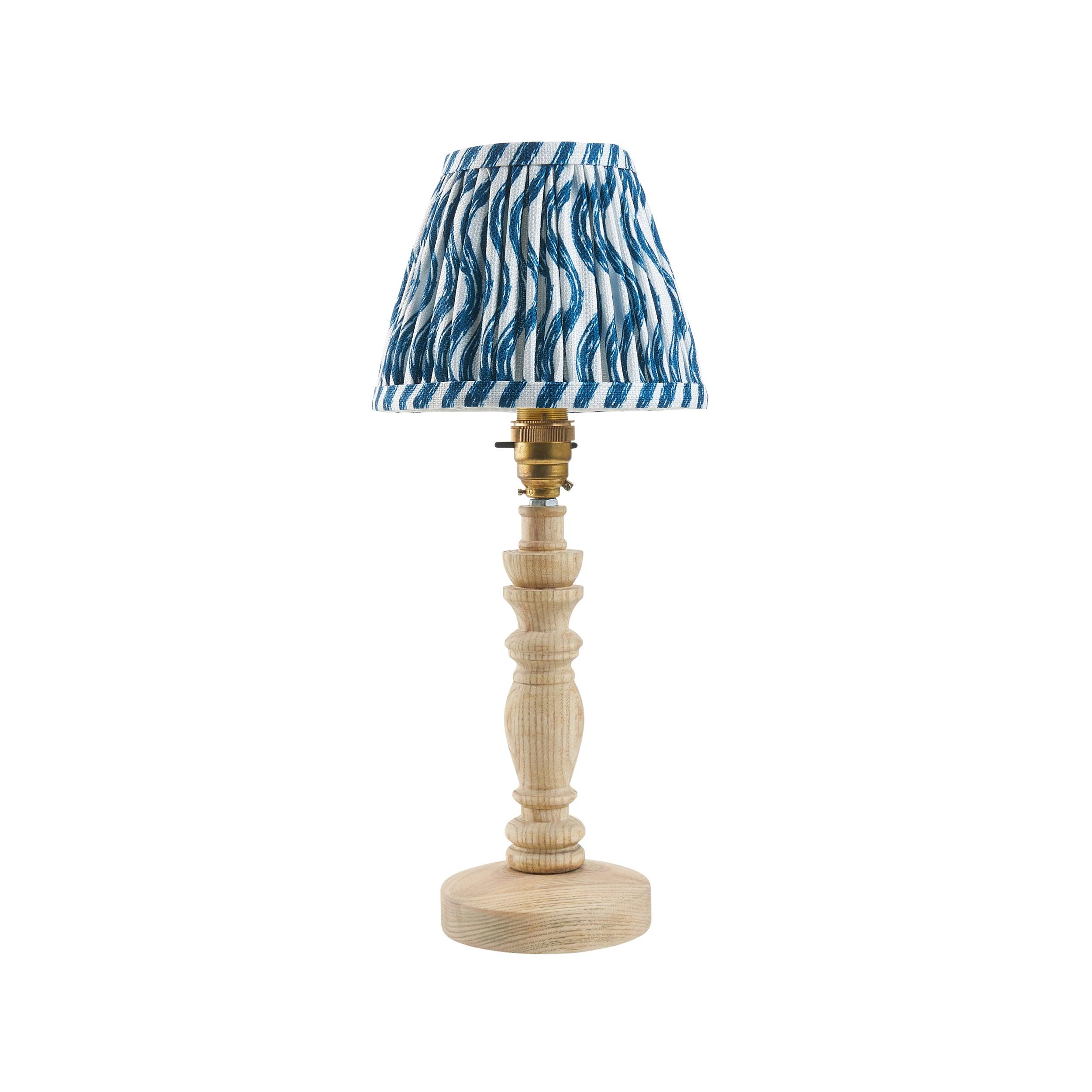 Bibury Wooden Table Lamp with 16cm Ripple Marlin Blue Shade - Stylish Home Office & Bedroom Lighting Decor