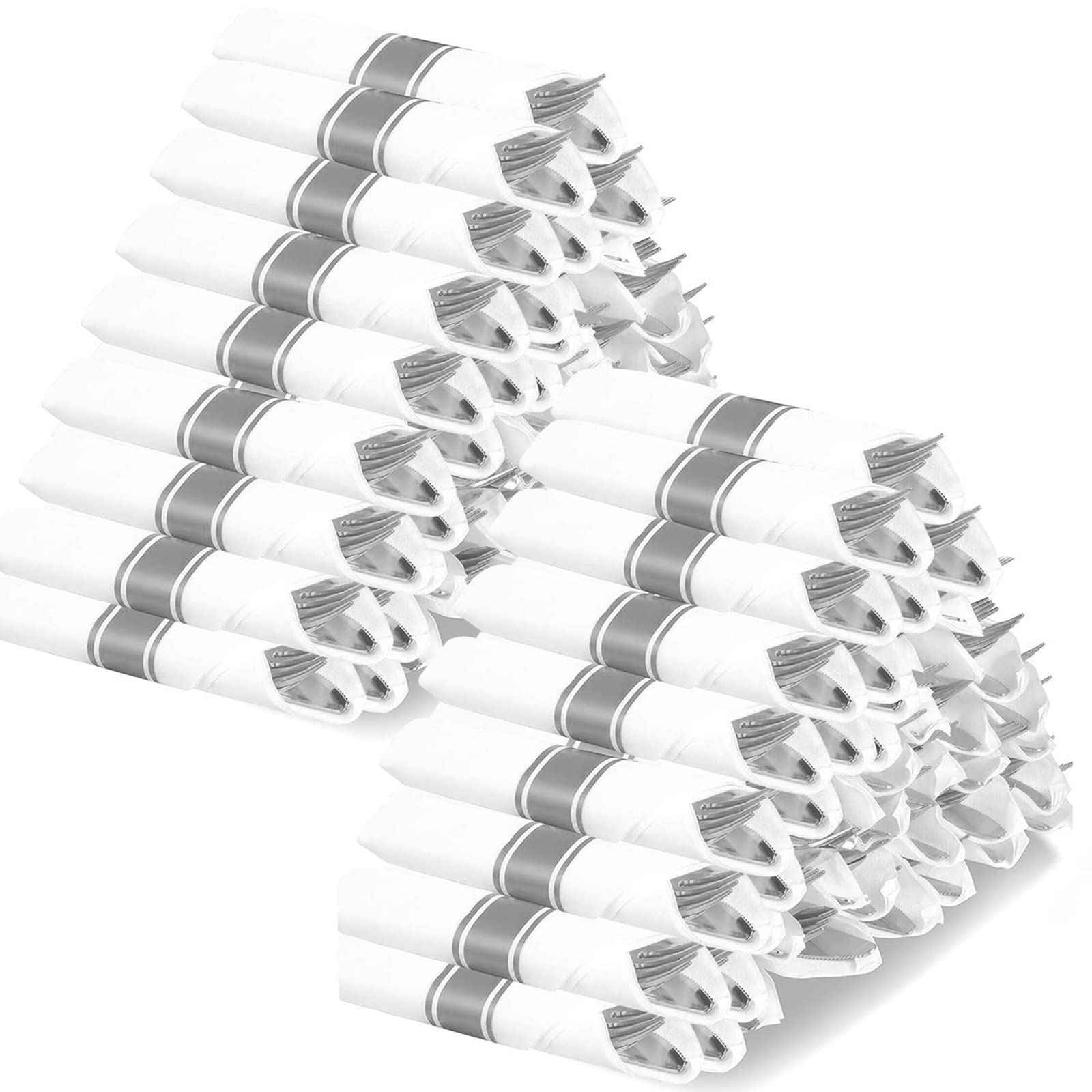 Premium 100-Pack Disposable Silver Plastic Cutlery Set with Napkins - Includes 100 Forks, 100 Knives, 100 Spoons & 100 Napkins - Elegant Wedding Party, Catering, Picnic & Event Utensils