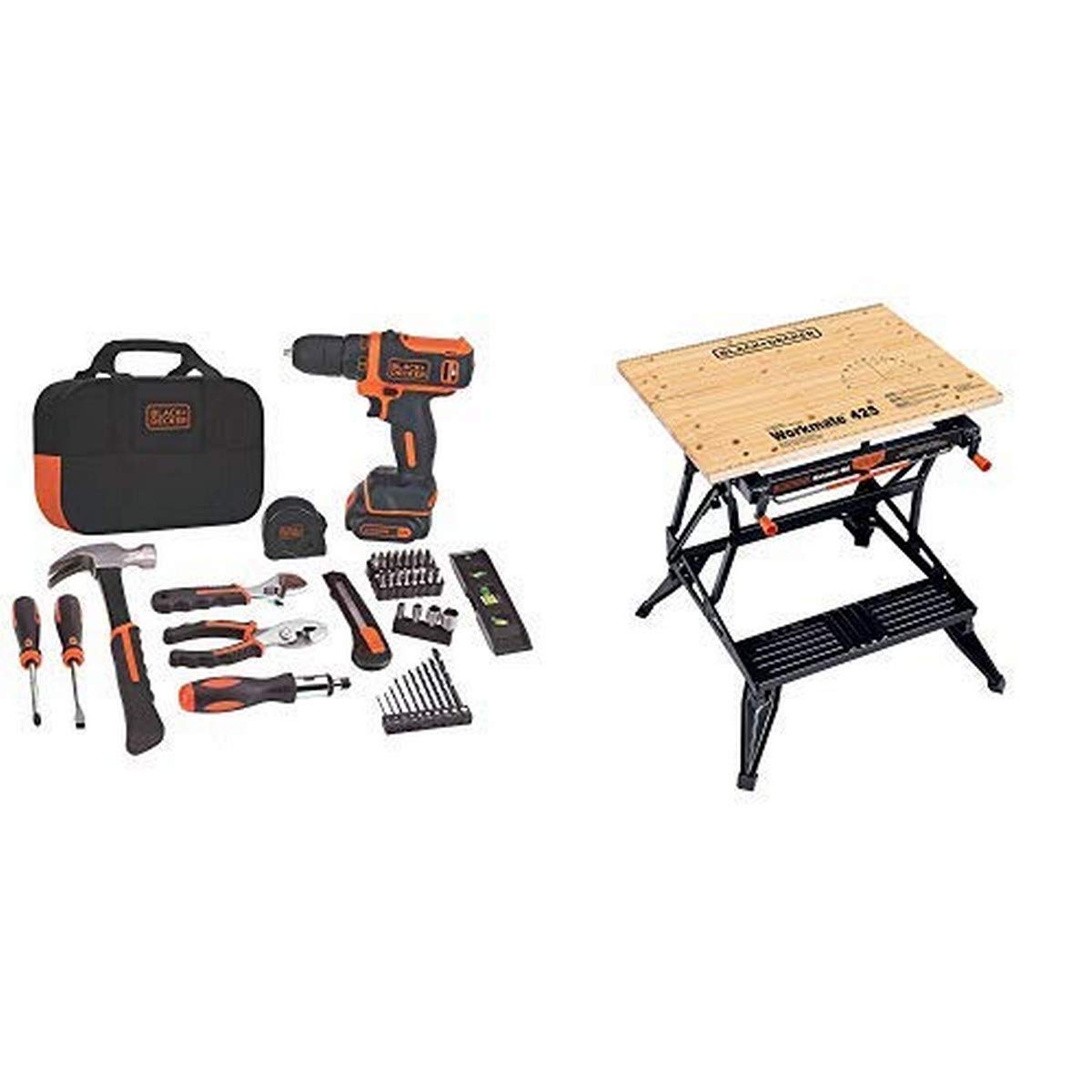 BLACK+DECKER 12V MAX Cordless Drill & 60-Piece Home Tool Kit (BDCDD12PK) with WM425-A Portable Project Center & Vise - Perfect for DIY Projects, Home Repairs & Woodworking