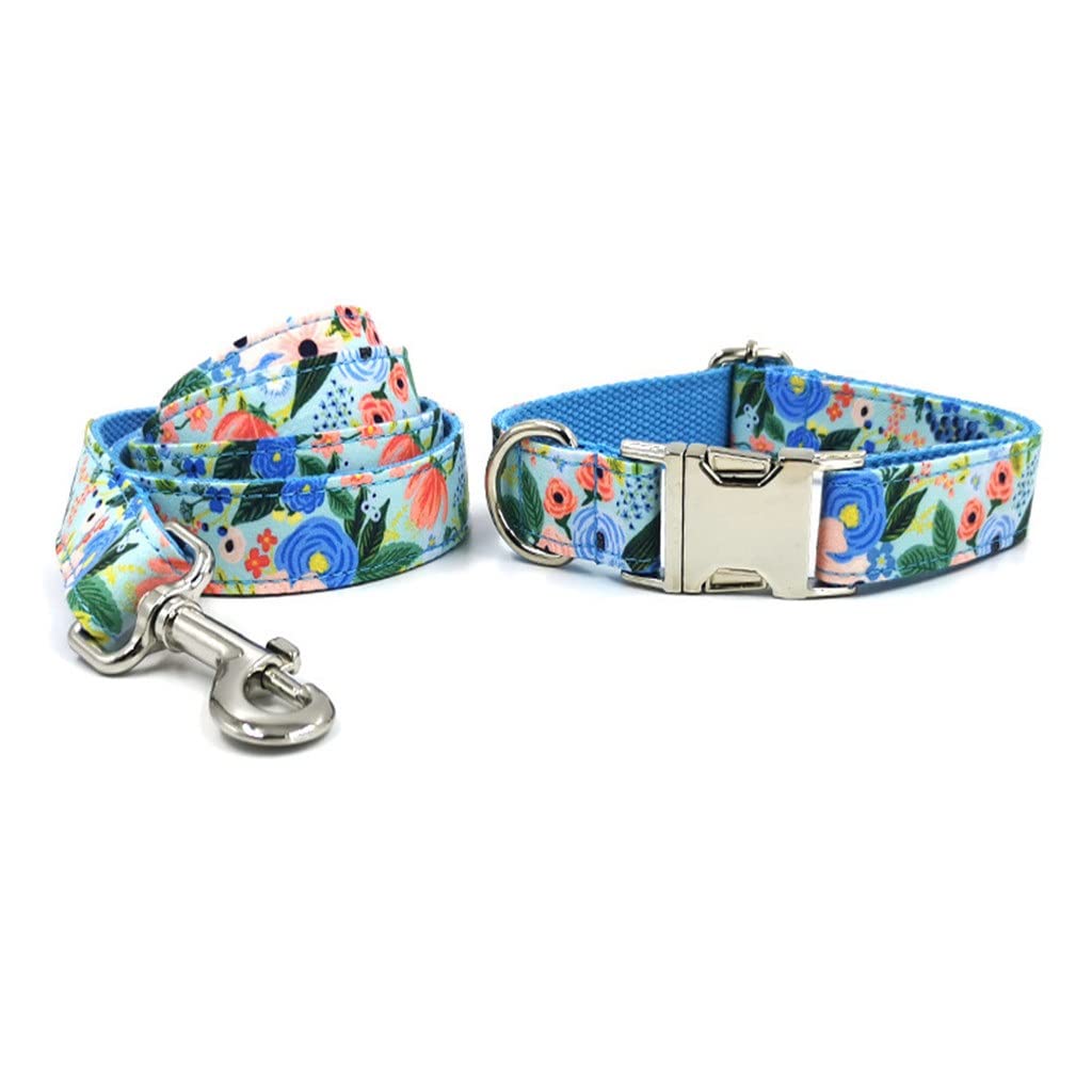 Custom Engraved Dog Collar with Bow Tie & Leash Set - Adjustable Durable Pet Collar for Small Medium Large Dogs - Blue Floral Pattern - Perfect for Walks, Training & Special Occasions