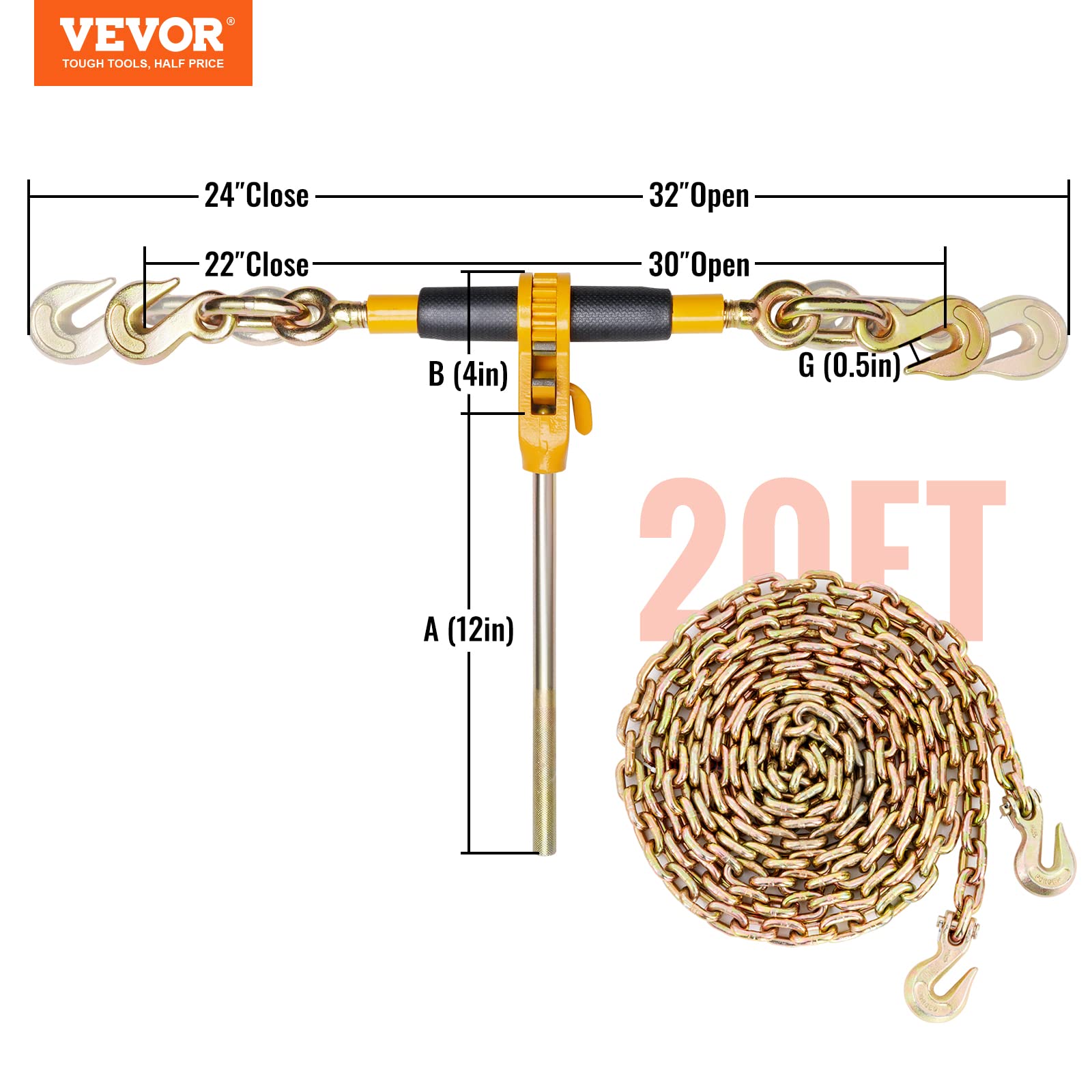 VEVOR Heavy Duty Ratchet Chain Binder 5/16-3/8 Inch with G80 Chain - 7100 lbs Load Capacity, Detachable Anti-Skid Handle - 2 Pack Black & Yellow - for Flatbed Trailers, Cargo Securing, Trucking & Transport - Great for Construction, Landscaping, Towing Equipment & DIY Projects