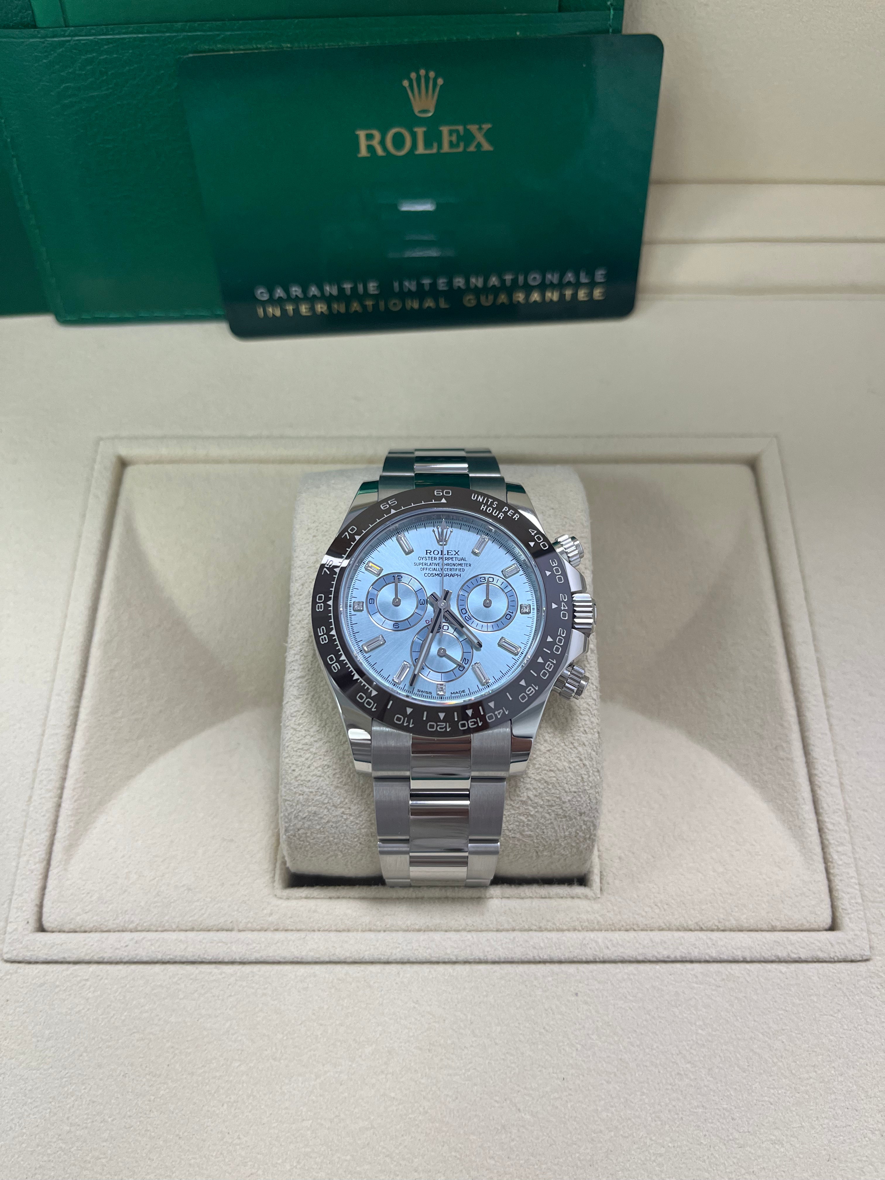 Rolex Daytona Platinum 40mm Ice Blue Diamond Baguette Dial Watch (Ref #116506) - Luxury Men's Chronograph for Special Occasions & Collectors