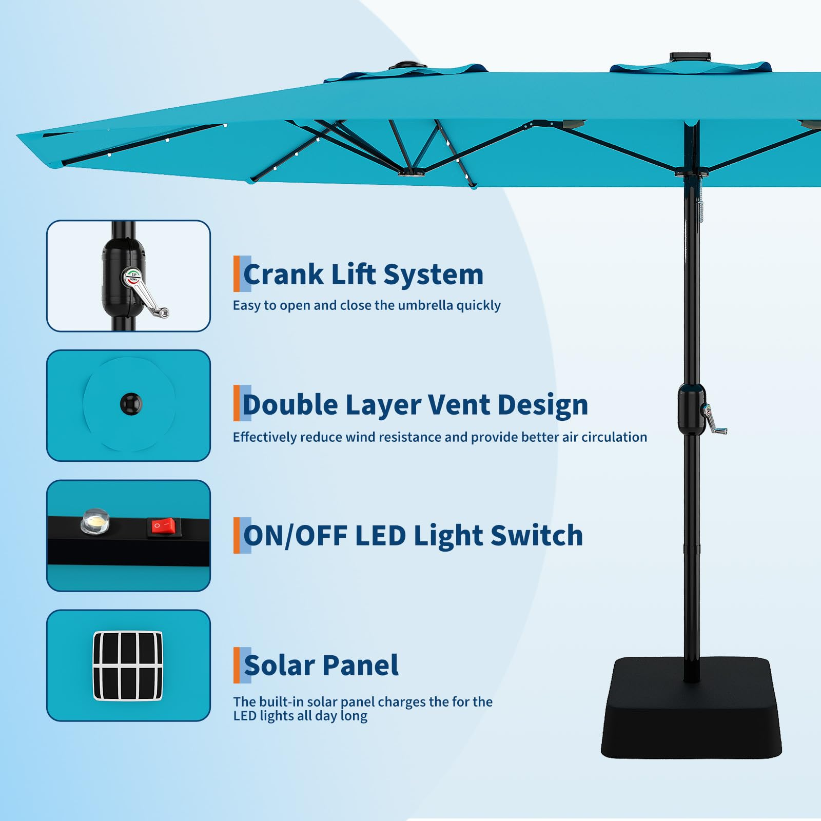 GARVEE 15ft Solar Powered Patio Umbrella with 36 LED Lights - Double Sided Outdoor Umbrella with Cross Base for Pool, Deck, Backyard, Garden - Turquoise (Perfect for Summer Evenings, Outdoor Dining & Relaxation)