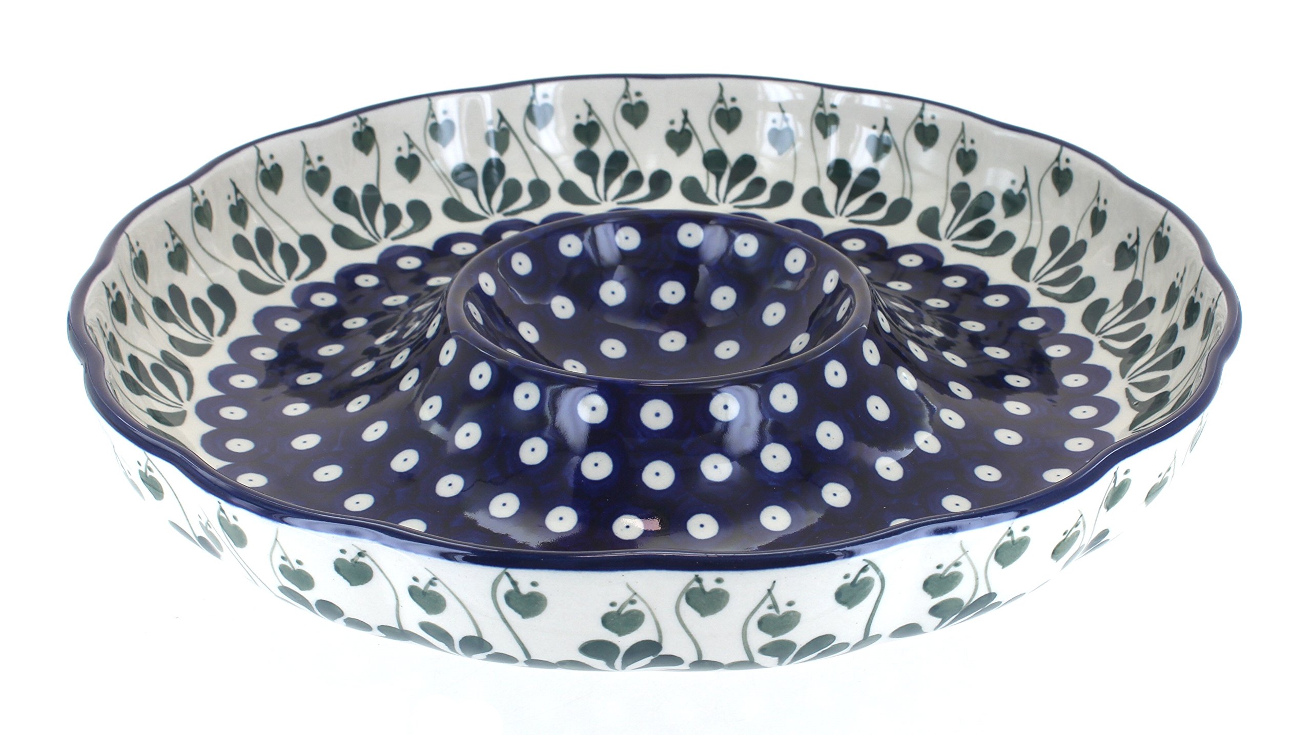 Handmade Blue Rose Polish Pottery Alyce Chip & Dip Serving Plate - Elegant Appetizer Tray for Parties, Weddings & Home Decor