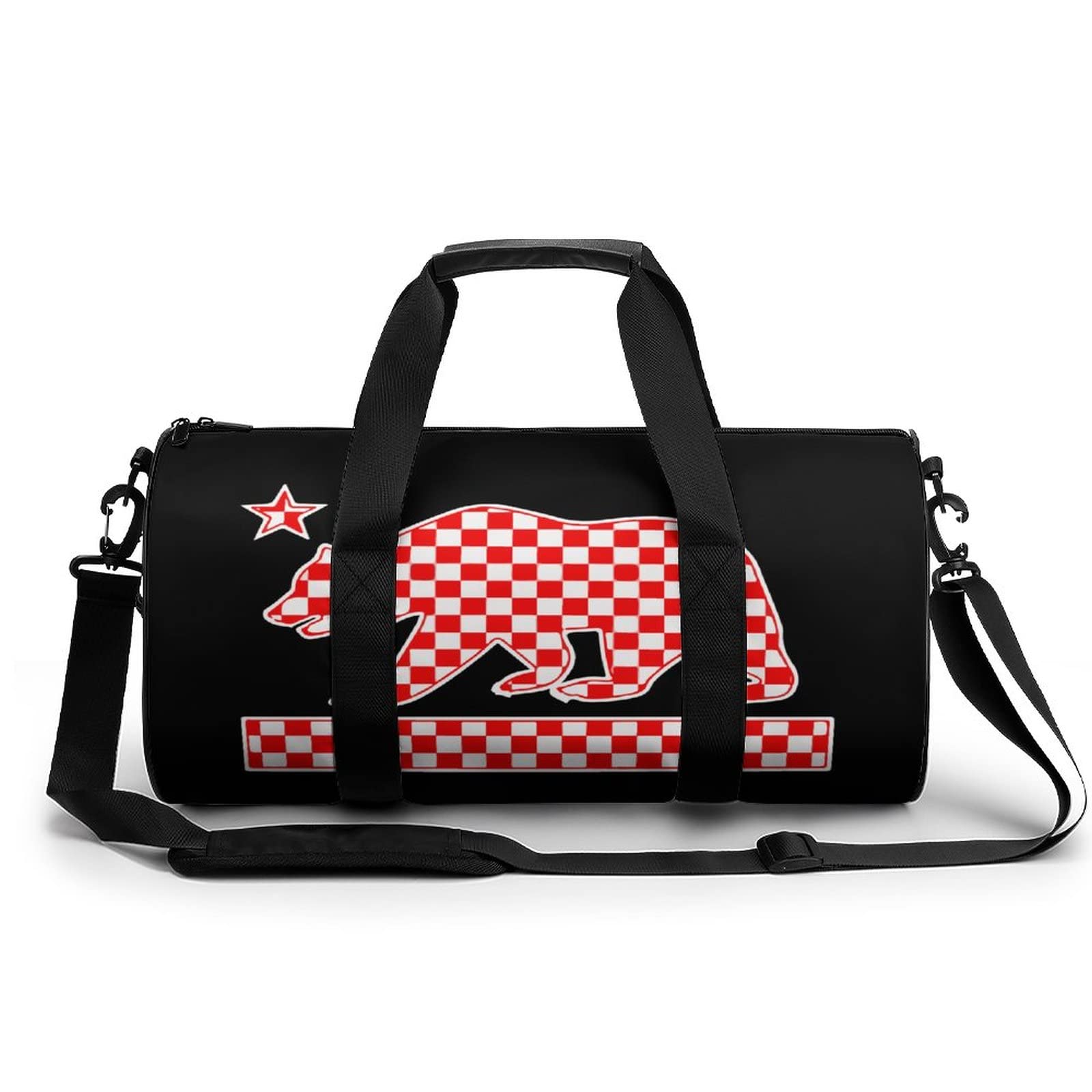 California Checker Bear Flag Printed Gym Bag - Durable Cylindrical Duffel with Adjustable Shoulder Strap for Travel, Basketball, Gym & Workout | Perfect for Sports Enthusiasts & Outdoor Adventures