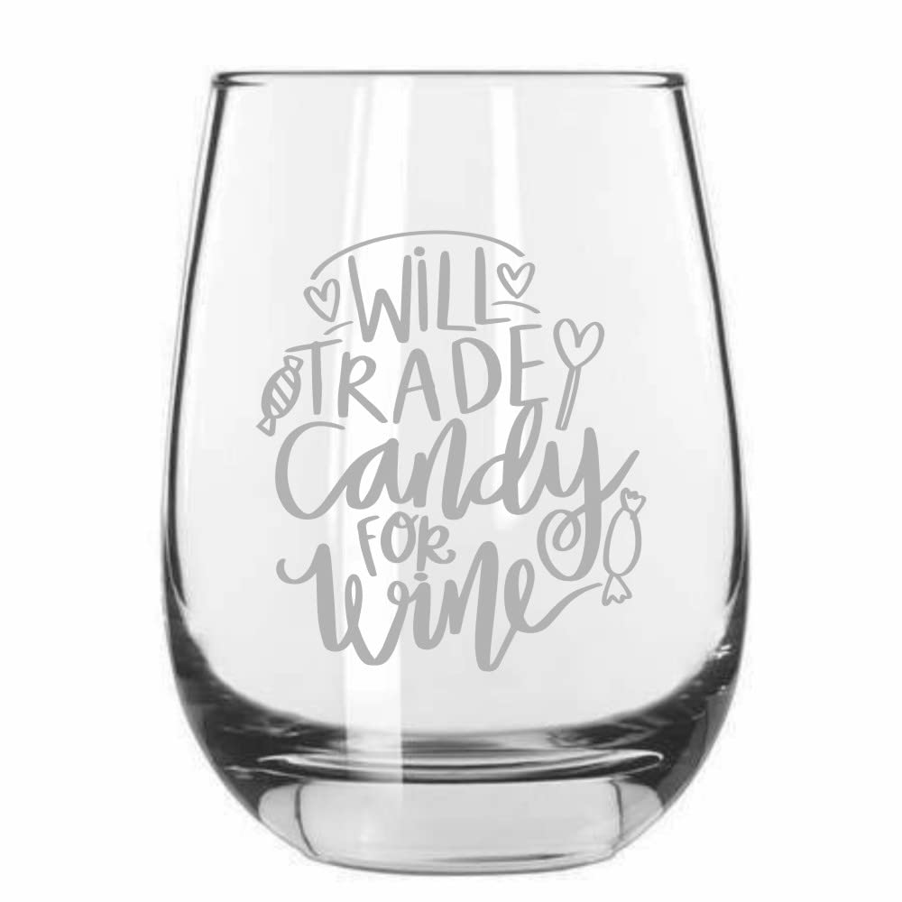 15.25oz Stemless Wine Glass with Candy & Halloween Etching - Perfect for Parties, Gifts & Wine Tasting