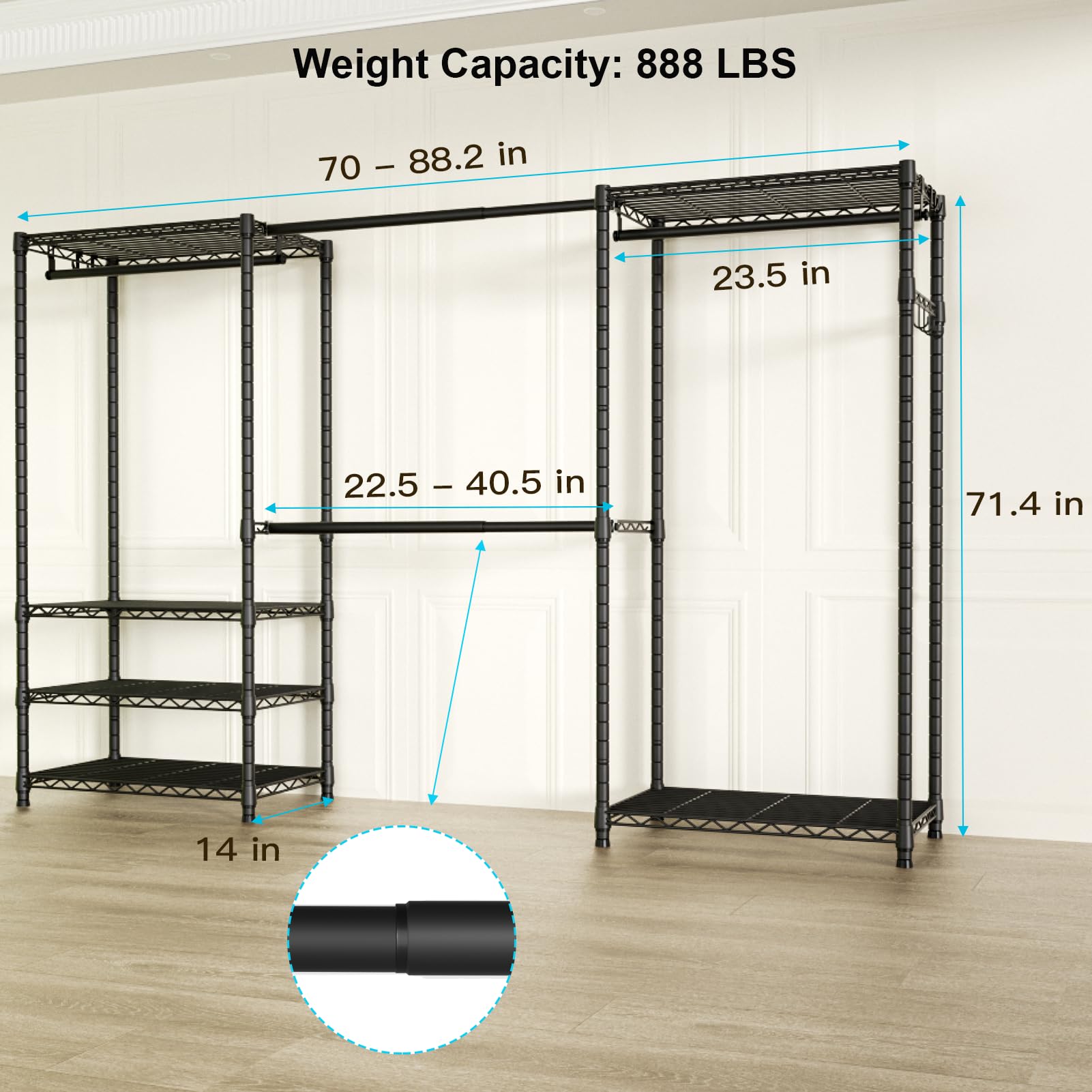 Ulif E1 Heavy Duty Closet Garment Rack - 6 Tier Adjustable Metal Freestanding Clothing Storage with 4 Hanger Rods | Expandable Wardrobe Organizer (71.4