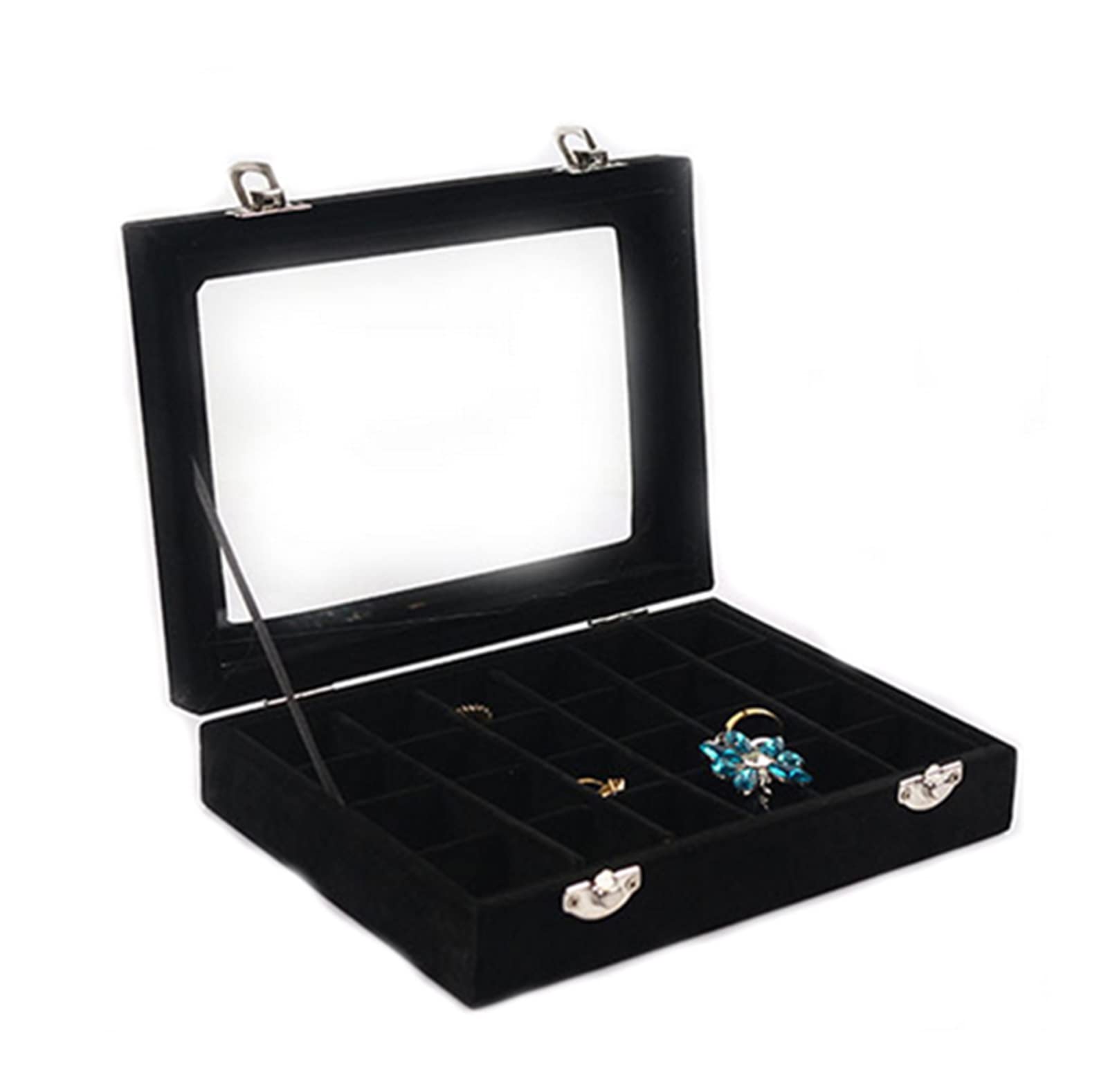 24 Grid Black Rose Red Velvet Jewelry Box - Necklace, Ring & Earring Organizer for Women | Jewelry Storage Case with Velvet Lining | Perfect for Travel, Gift Giving & Vanity Organization (Color: Black)