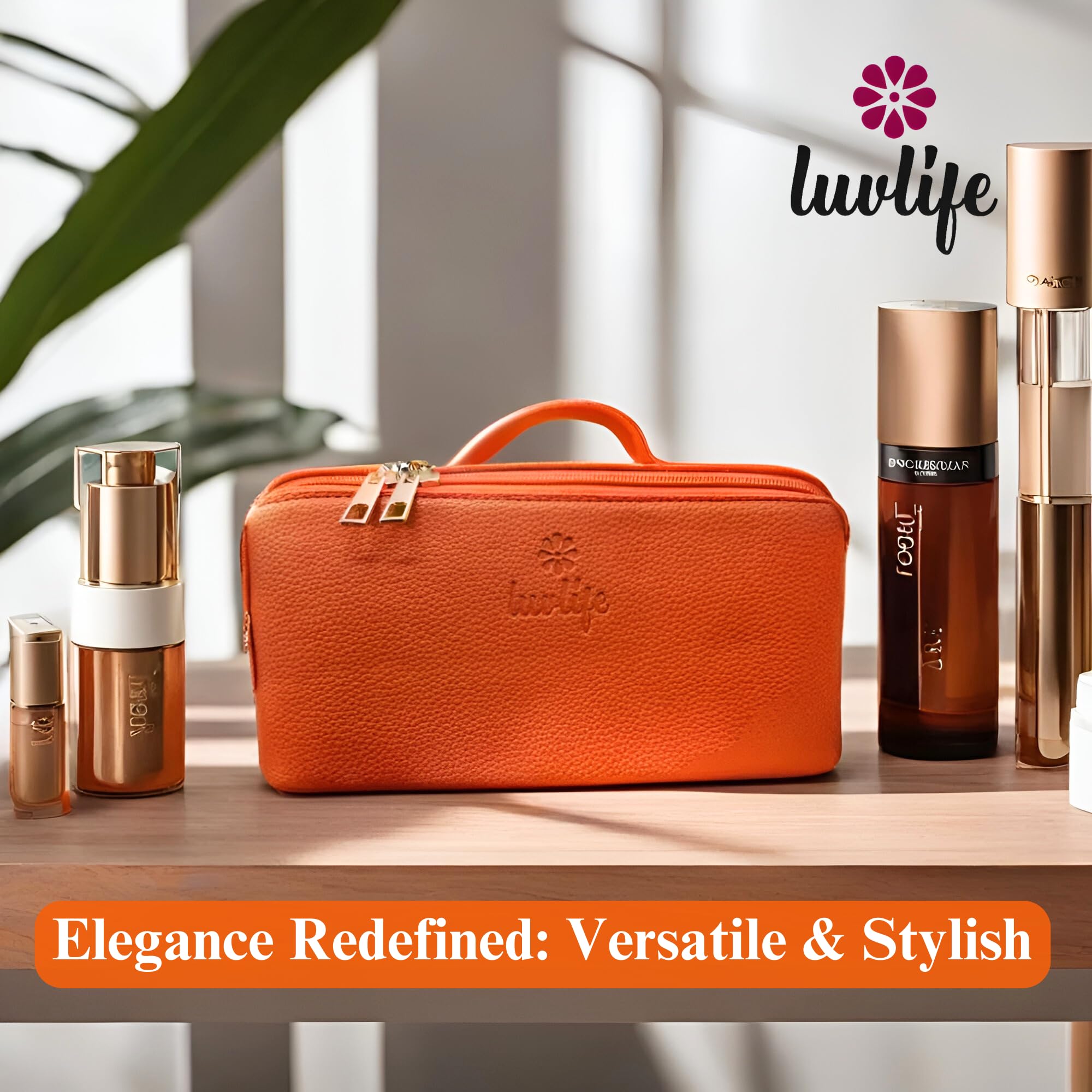 LuvLife Large Capacity Vegan Leather Cosmetic Travel Bag for Women & Girls - Portable Makeup Pouch with Wide Opening, Handle & Divider - Perfect for Toiletries Storage (12cm, Orange) - Includes Free E-Book - Ideal for Travel, Gym & Everyday Use