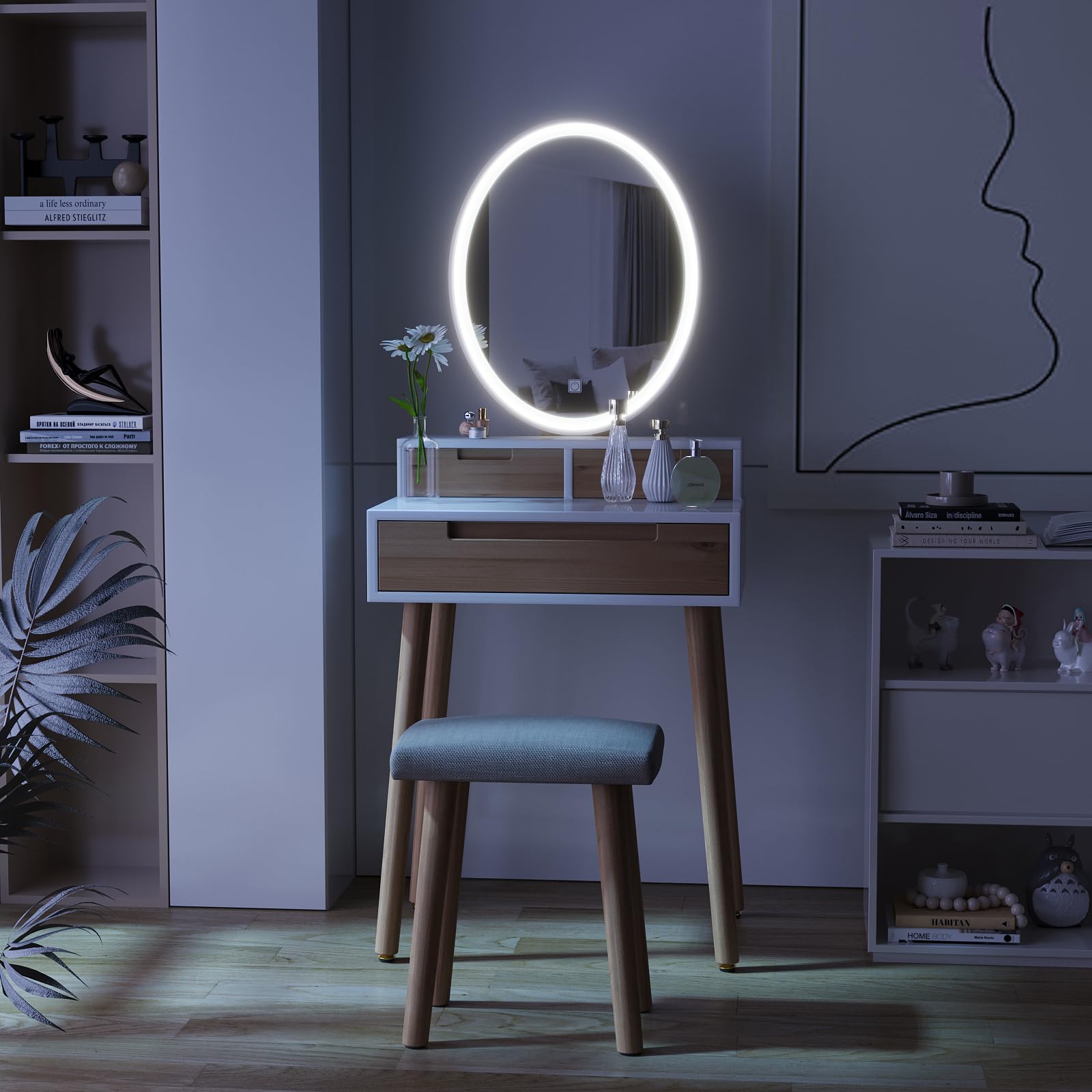 YOURLITE Small Makeup Vanity Desk with LED Lights - Adjustable Brightness Mirror, Compact Dressing Table with Drawers & Storage Shelves for Small Spaces - Perfect for Bedroom, Apartment & Dorm Room Beauty Setup