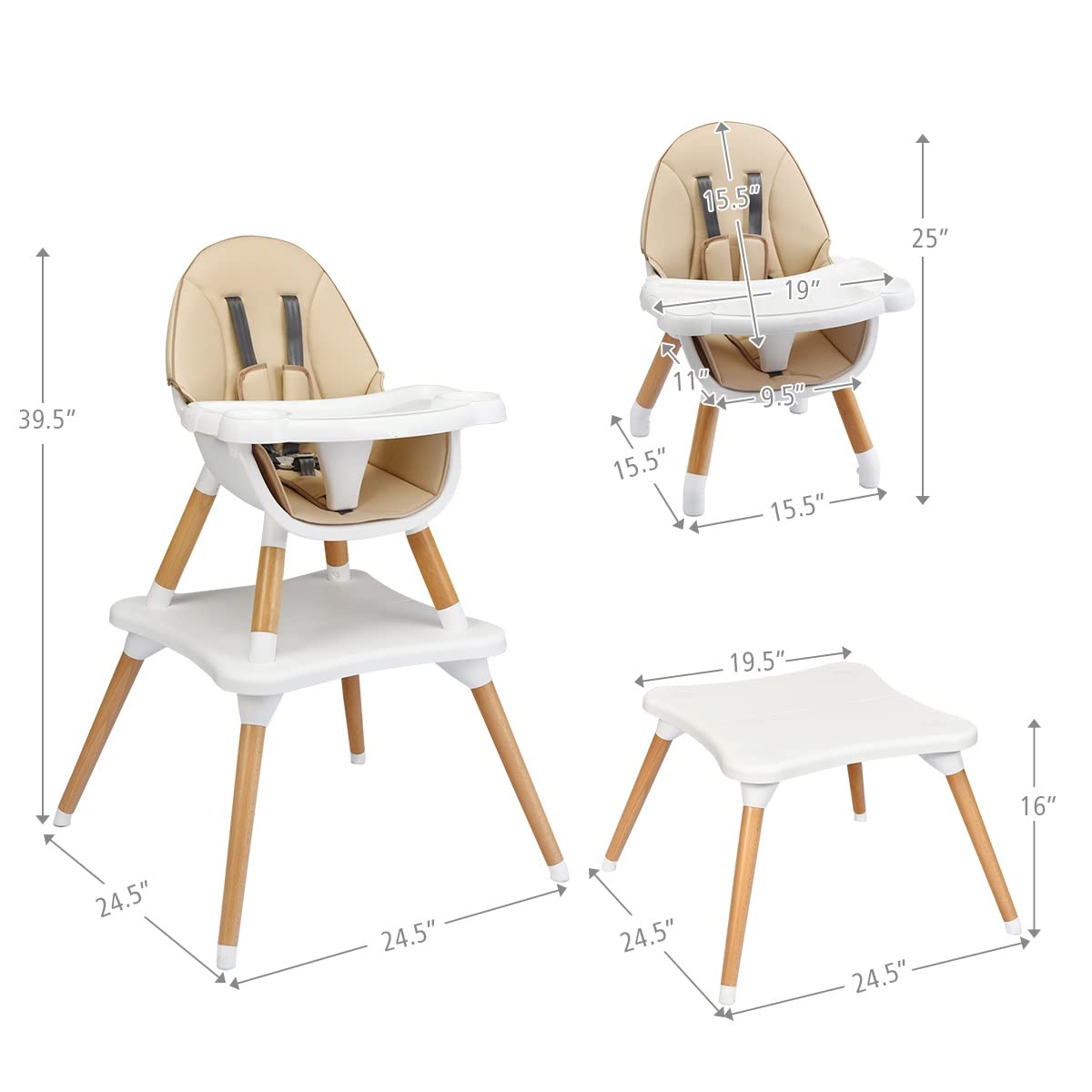 INFANS 5-in-1 Convertible Baby High Chair with 5-Point Safety Harness | Detachable Tray & Wipeable Cushion | Transforms to Toddler Table & Chair Set | Wooden Booster Seat for Infants & Kids (Khaki) | Perfect for Dining, Feeding & Playtime