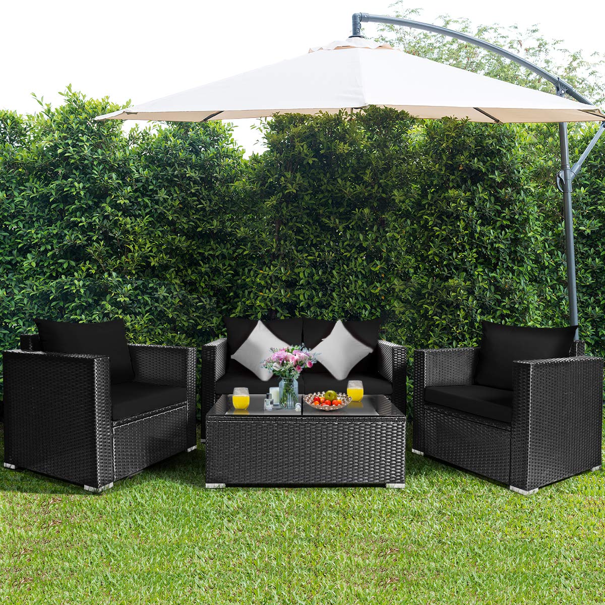 HappyGrill 4-Piece Outdoor Patio Conversation Set - Rattan Wicker Sofa with Tempered Glass Table & Removable Cushions - Perfect for Garden, Backyard, Poolside, and Outdoor Relaxation