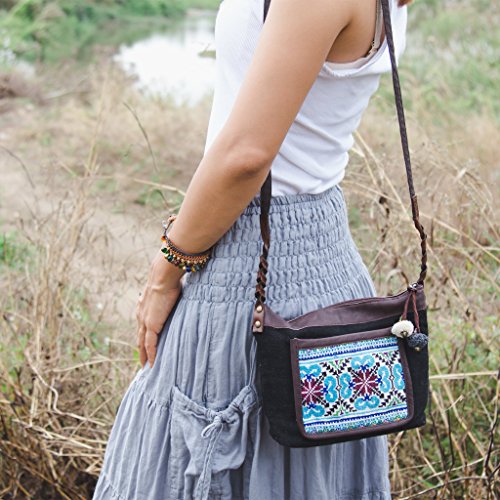 Changnoi Unique Crossbody Purse for Women - Hmong Embroidered Boho Bag with Pom Poms, Fair Trade Sling Bag in Black | Perfect for Casual Outings, Travel & Festival Accessories