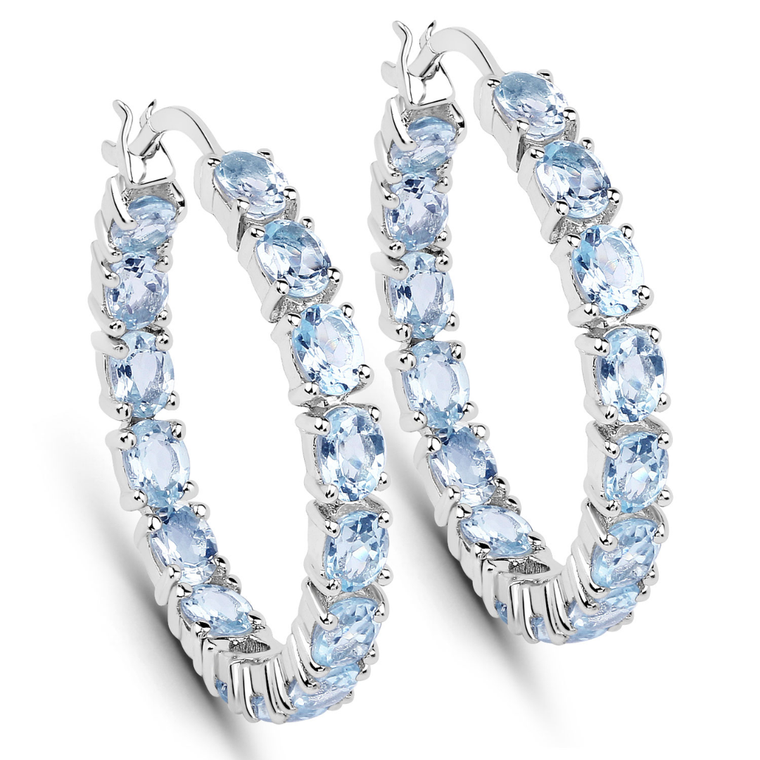 Genuine Blue Topaz Hoop Earrings for Women - Sterling Silver Dangle Earrings - Elegant Jewelry Gift for Birthday, Anniversary & Special Occasions