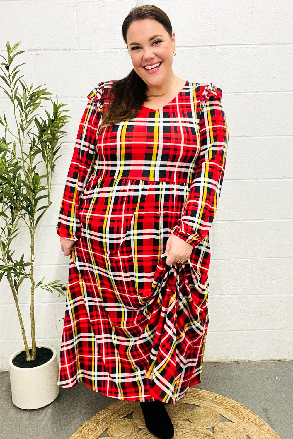 Stylish Red Plaid Fit & Flare Midi Dress with Ruffle Details - Perfect for Holiday Parties, Date Nights & Office Wear