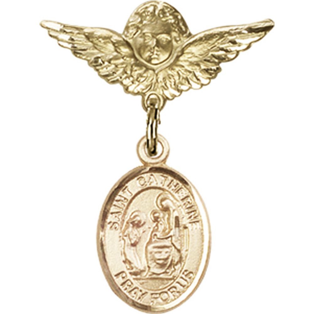 Gold Filled Baby Badge Pin with St. Catherine of Siena Charm & Angel Wing Charm - 1 x 3/4 Inch - Perfect for Christening Gifts, Baby Showers & Religious Jewelry Collections