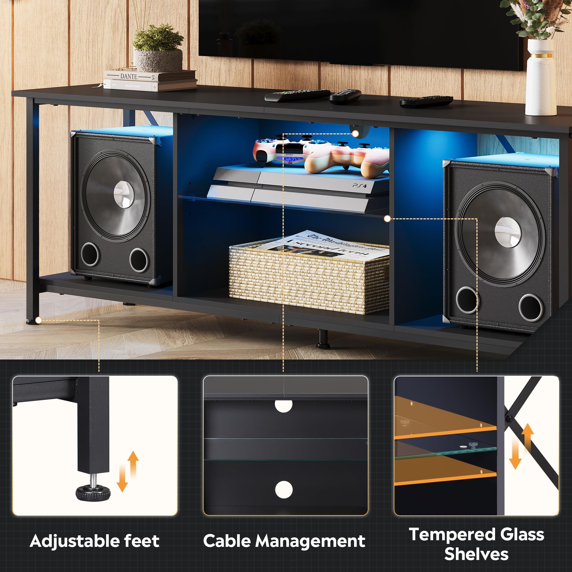 WLIVE 65 Inch TV Stand with LED Lights, Industrial TV Console with Glass Shelves for Living Room & Bedroom - Black | Perfect for Modern Home Entertainment & Gaming Setup