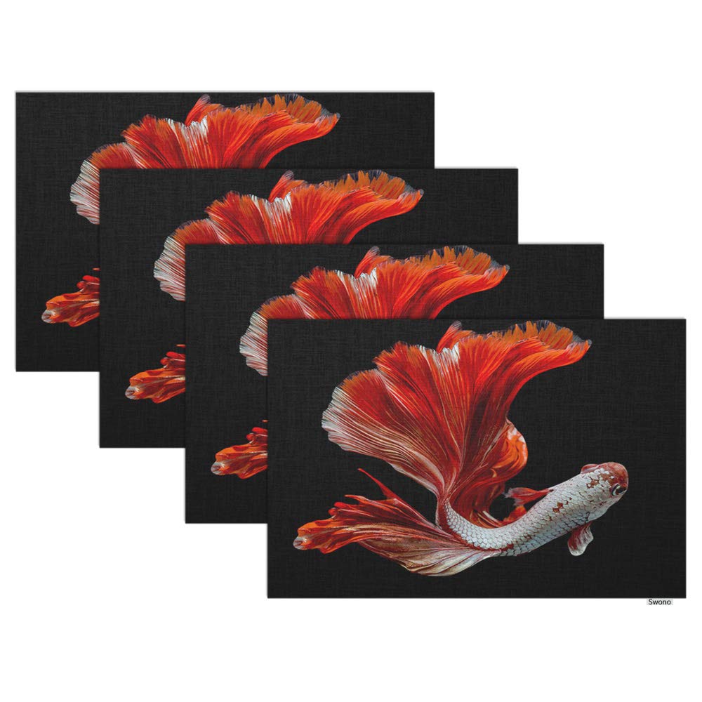 Premium Betta Fish Placemat Set of 4 - Halfmoon Red Dragon Betta Design on Black Background, 12