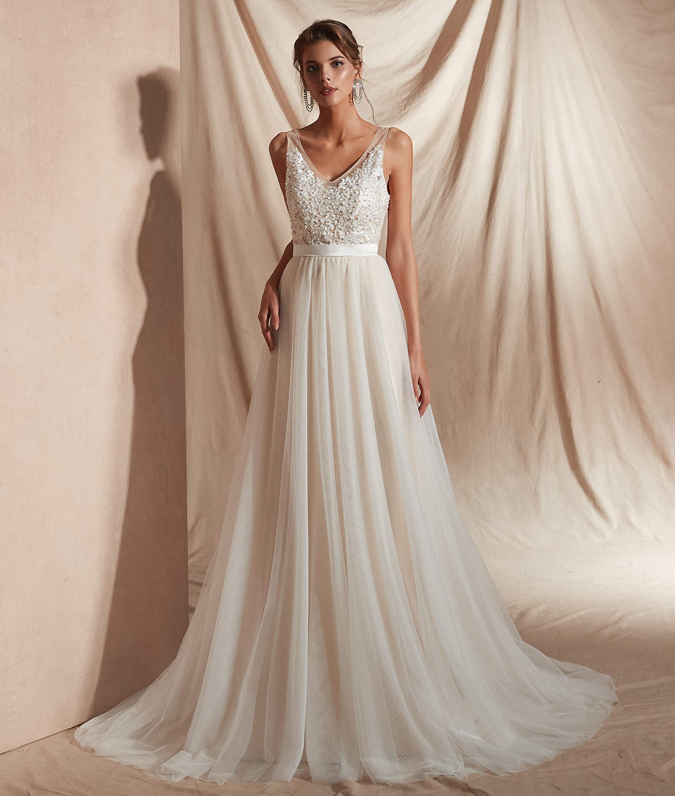 Elegant Beaded Lace Applique A-Line Wedding Dress for Women | Beach, Destination & Summer Weddings | Perfect for Outdoor Ceremonies & Boho Bridal Style