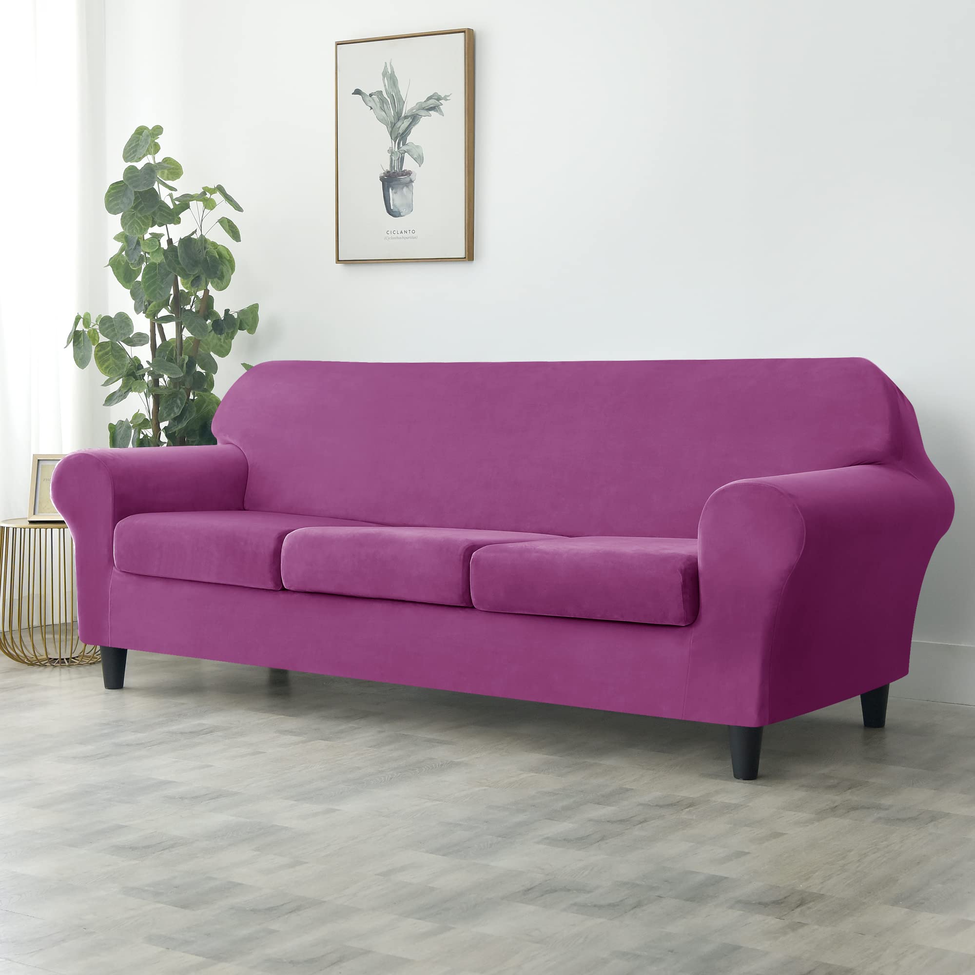 CONRUSER Stretch Sofa Slipcover - Soft Velvet Couch Cover for 3-Cushion Sofa, Thick Furniture Protector for Pets & Kids (Purple, Large) | Perfect for Living Room, Family Room & Pet-Friendly Homes