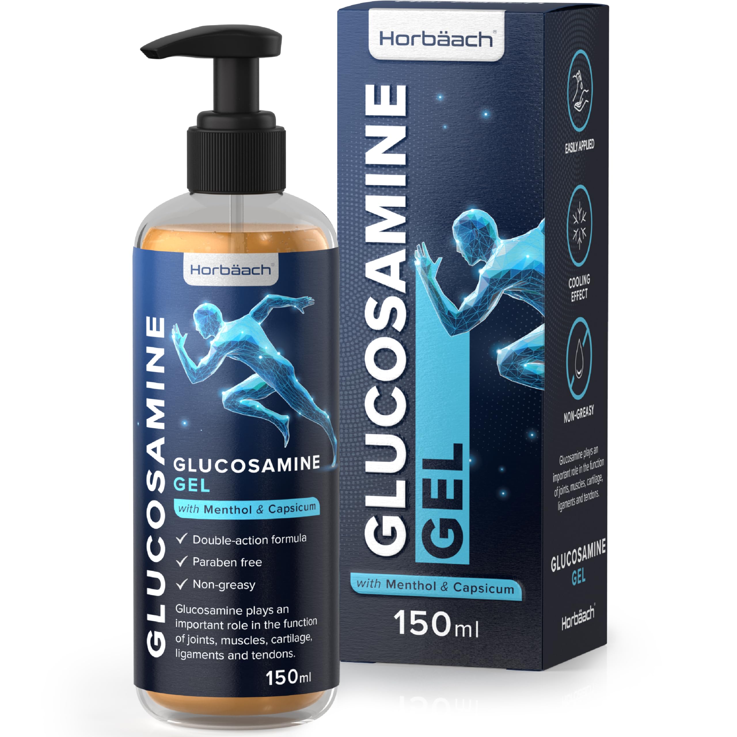 Horbaach Glucosamine Gel with Menthol & Capsicum - 150ml Fast Absorbing, Non-Sticky, Non-Greasy Joint Pain Relief Gel for Arthritis, Muscle & Back Pain - Perfect for Active Lifestyles & Post-Workout Recovery