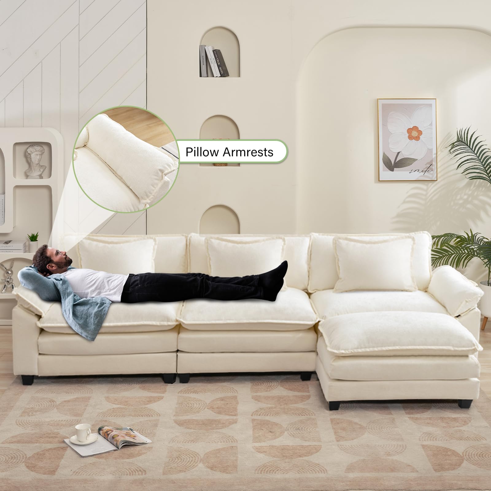 Modular Sectional Sofa with Ottoman - Cloud Couch Deep Seat Sleeper Sofa in Soft Chenille Fabric, Includes Throw Pillows - L-Shaped 120