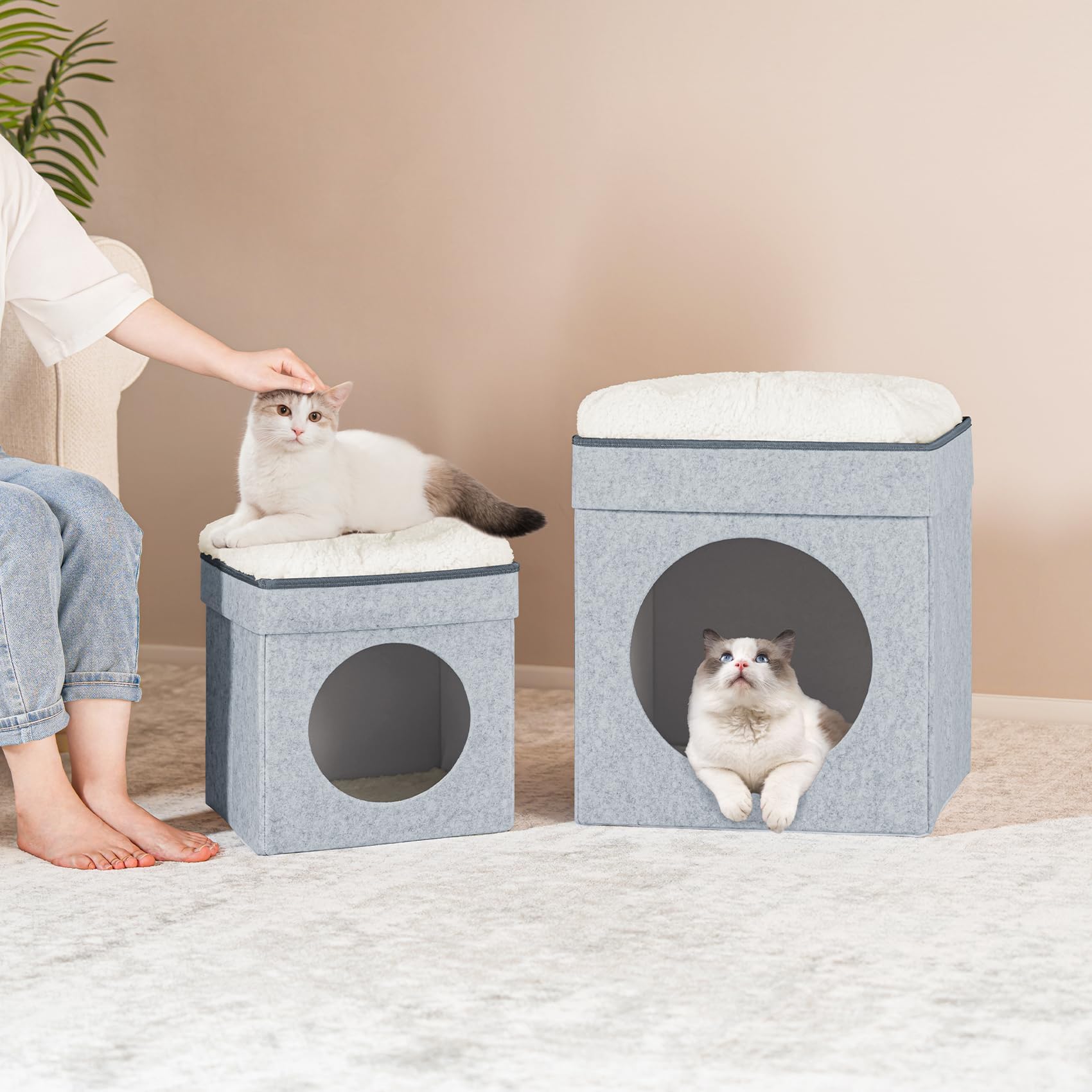Folding Cat House Cube - Indoor Pet Bed for Cats & Small Dogs, Light Grey - Cozy Cave for Kittens & Pets