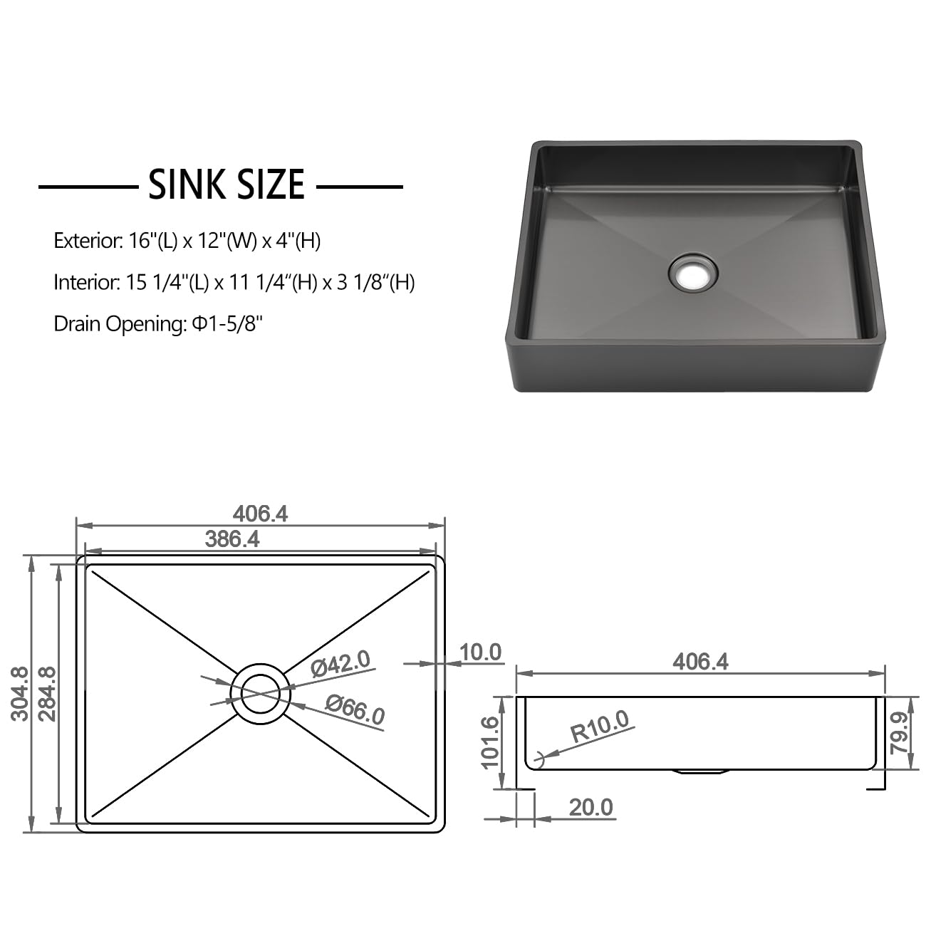 16x12 Gabhar Stainless Steel Bathroom Sink - Rust-Resistant Drop-in Kitchen & Bathroom Sink for Modern Homes, Apartments, and RV Use