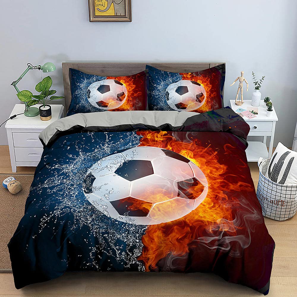 3D Printed Football Duvet Cover and Pillowcases Set - Queen/King Size Soccer Bedding for Adults & Kids - Comfortable Home Textile Decor for Bedroom, Game Room, or Sports-Themed Nursery