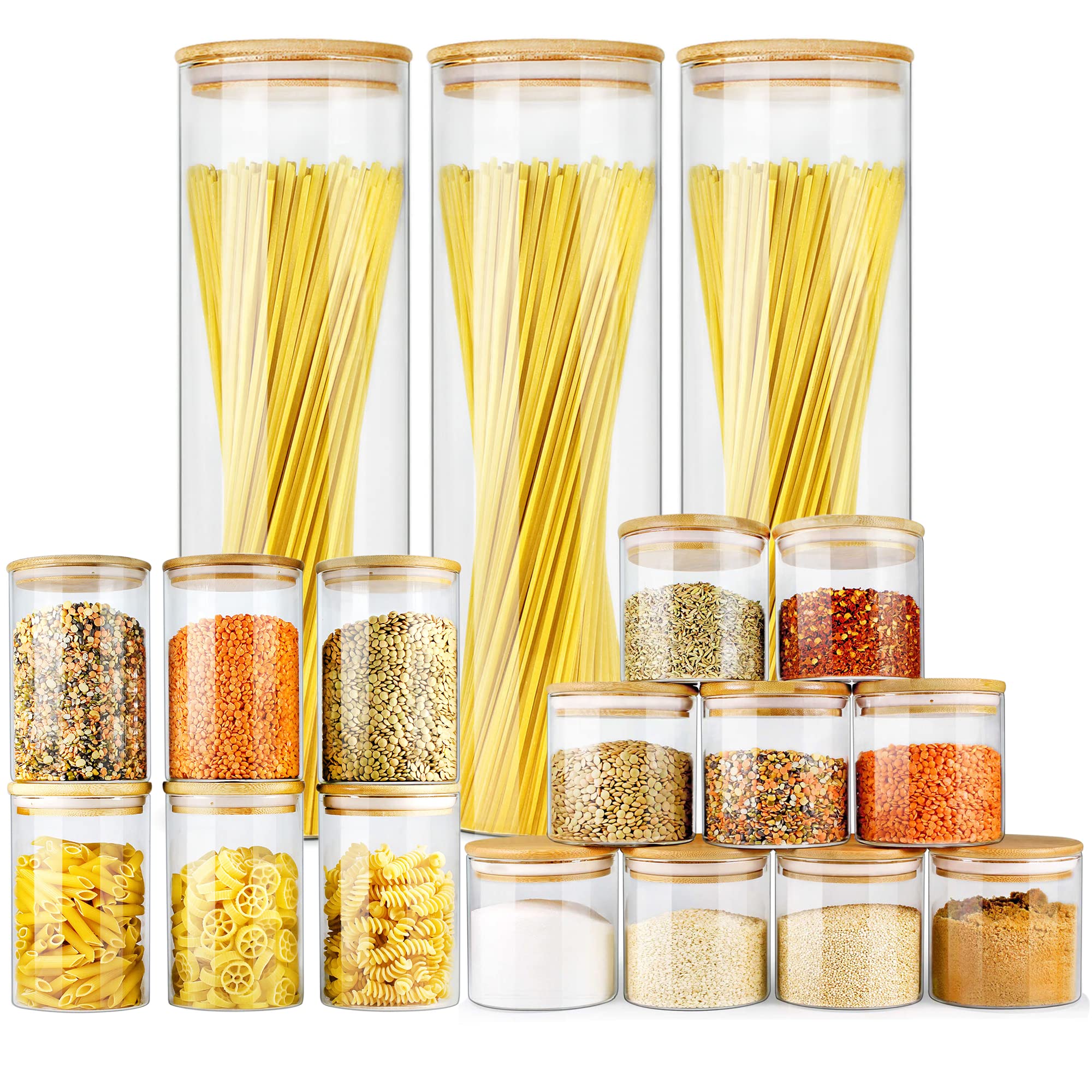 18-Pack Glass Jars with Bamboo Lids - Airtight Food Storage Containers for Pantry, Kitchen & Meal Prep | Eco-Friendly Canisters Set for Spices, Coffee, Tea & Dry Goods Organization