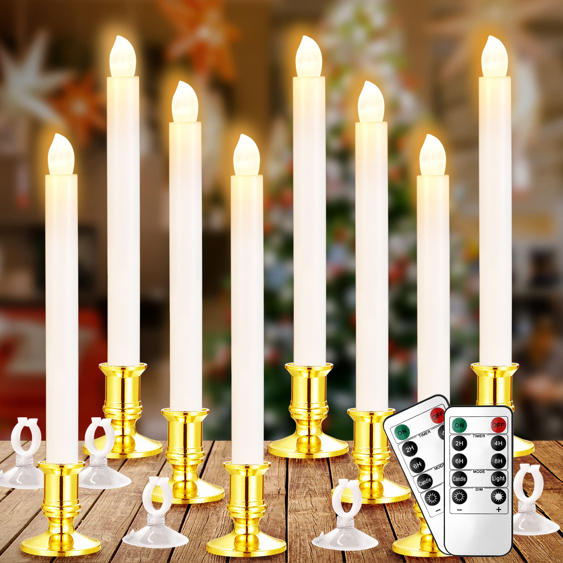 YAUNGEL 8-Pack LED Window Candles with Remote & Timer - Battery Operated Electric Candle Lights for Christmas Decor, Includes Removable Holders & Suction Cups - Perfect for Holiday Windows, Fireplace Mantels & Seasonal Home Decor